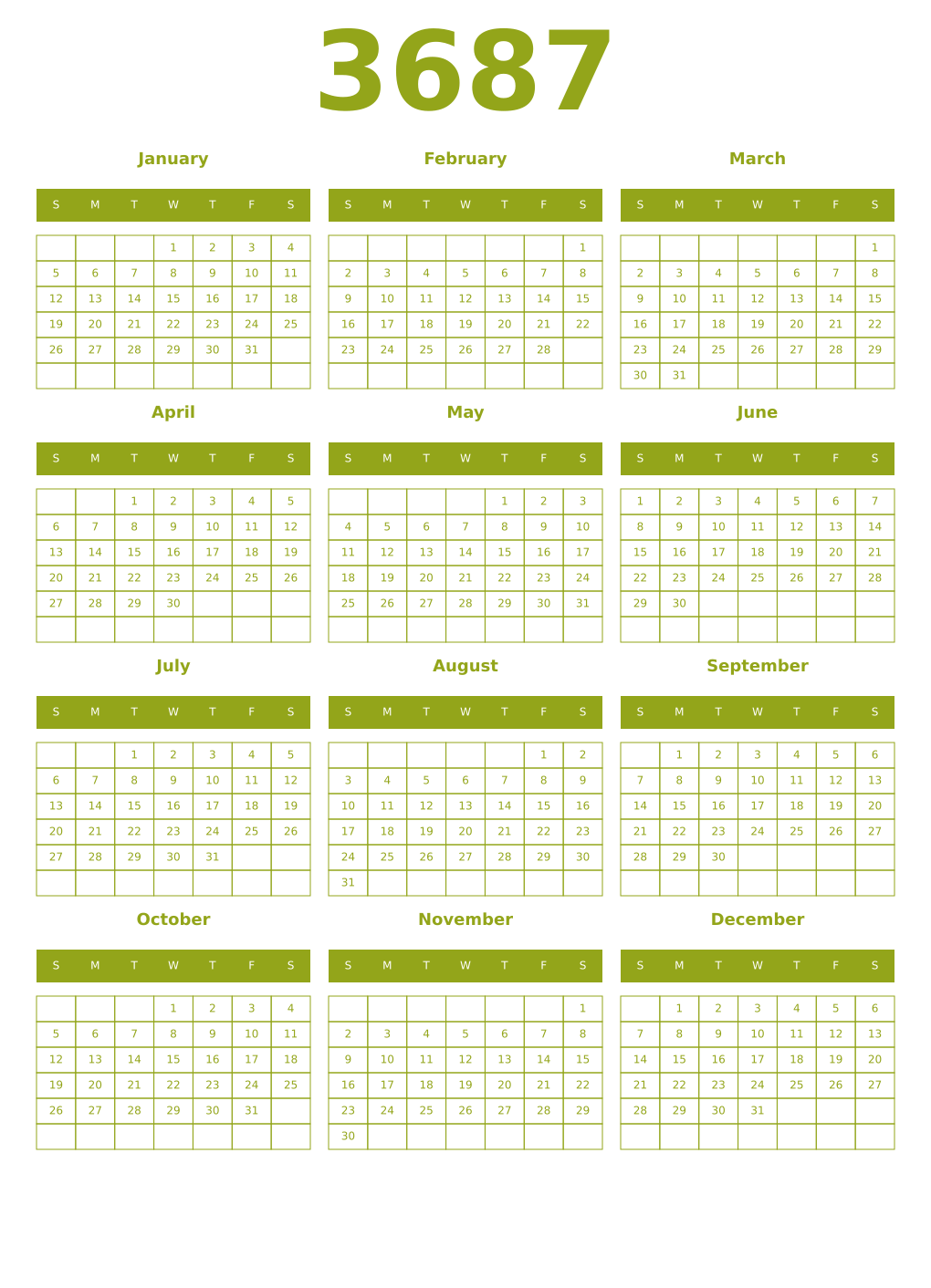 Printable 3687 Year Calendars chartreuse