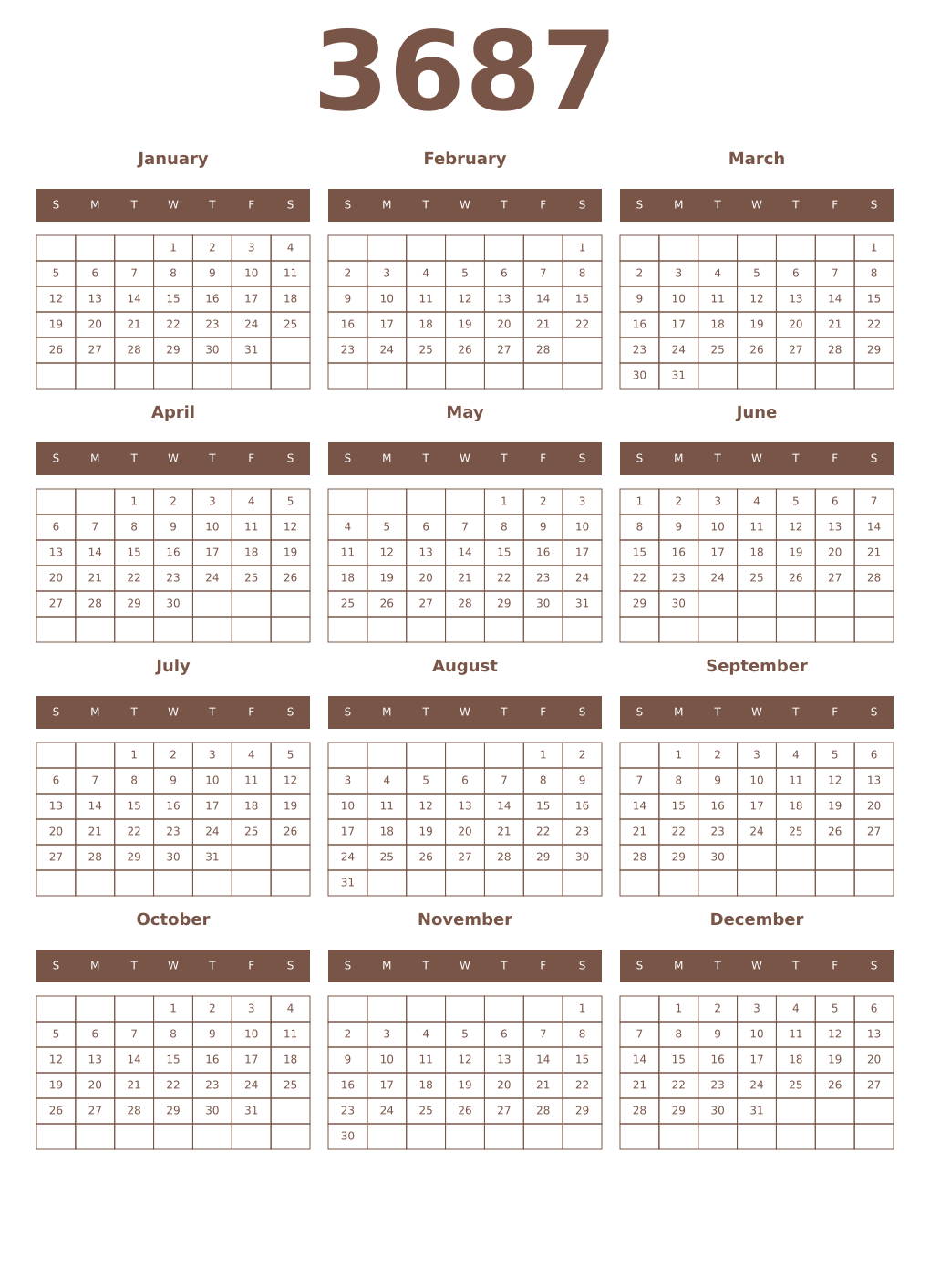 Printable 3687 Year Calendars coffe