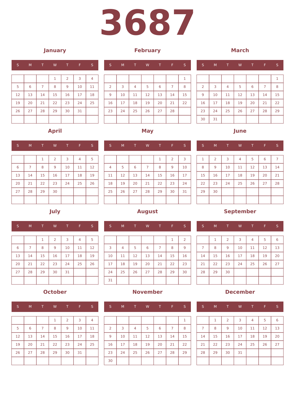 Printable 3687 Year Calendars cordovan