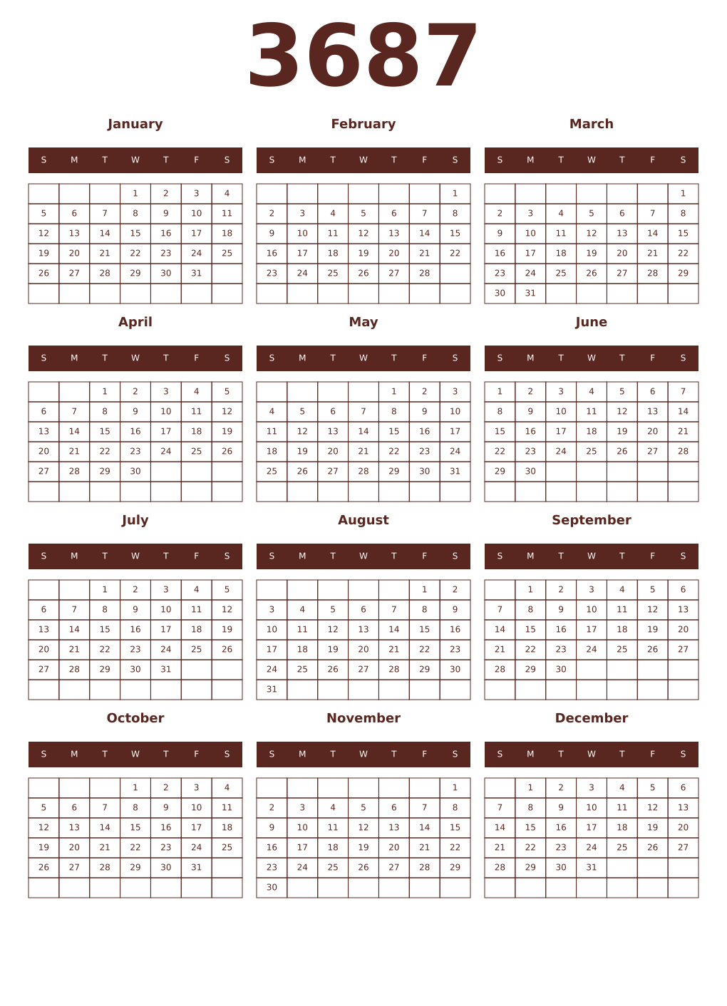 Printable 3687 Year Calendars mortuum
