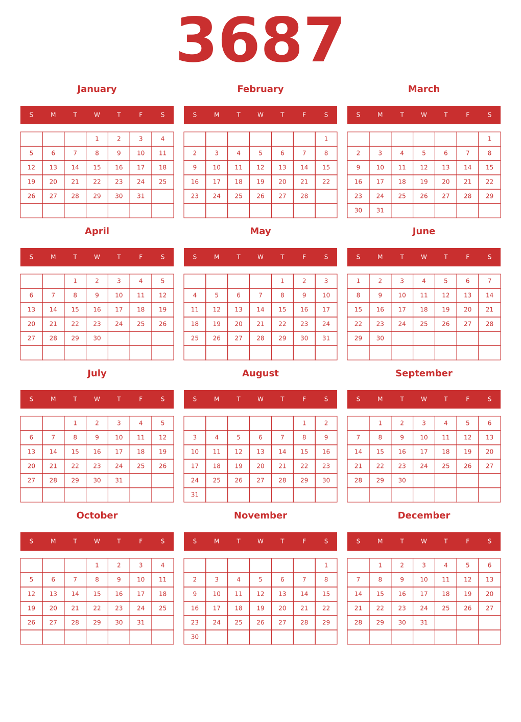Printable 3687 Year Calendars red