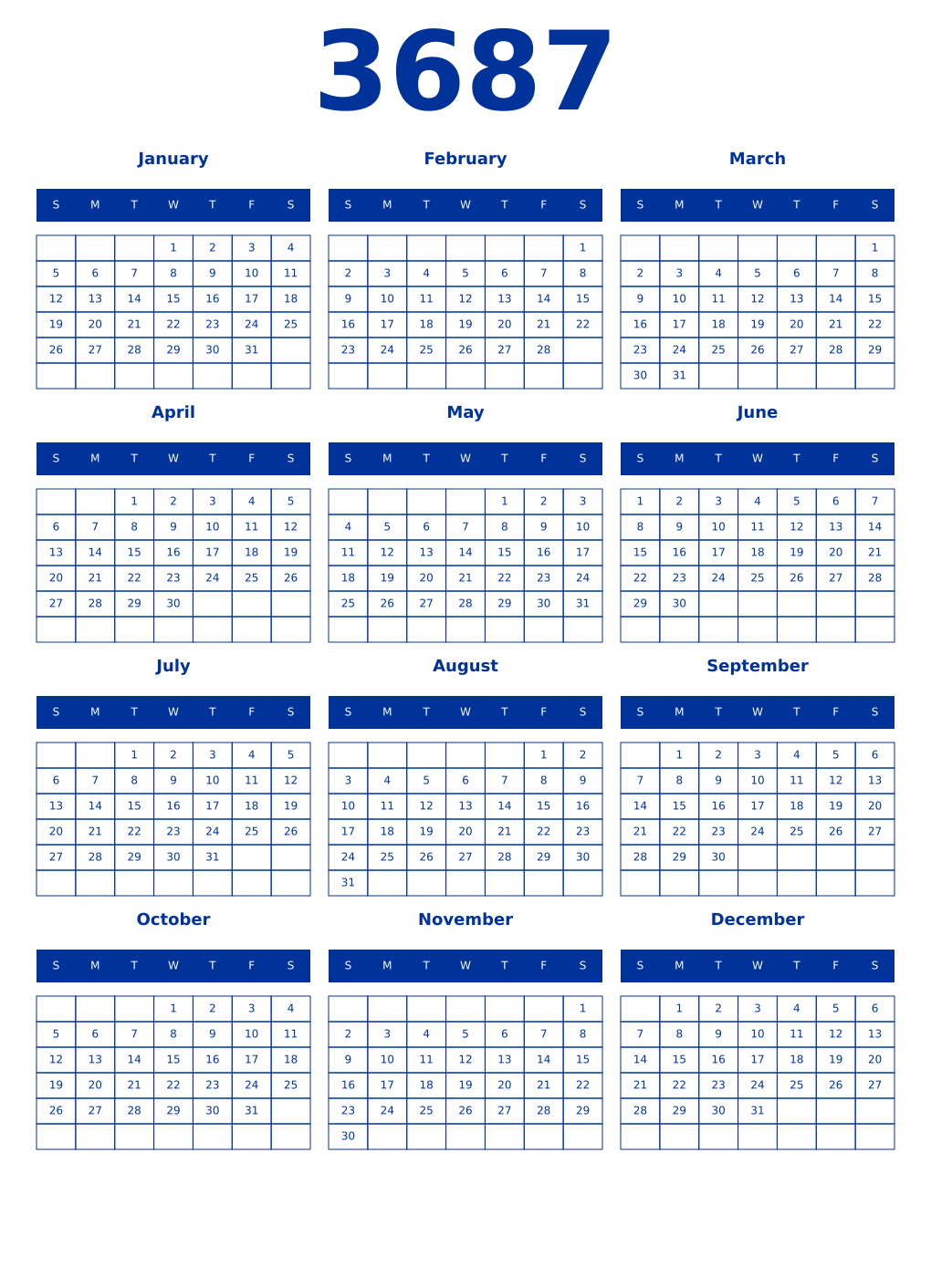 Printable 3687 Year Calendars smalt