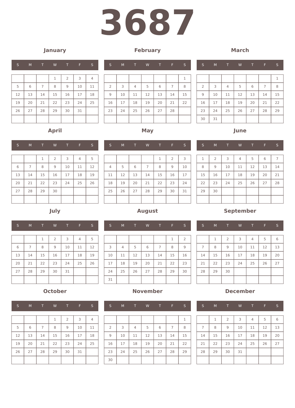 Printable 3687 Year Calendars wenge