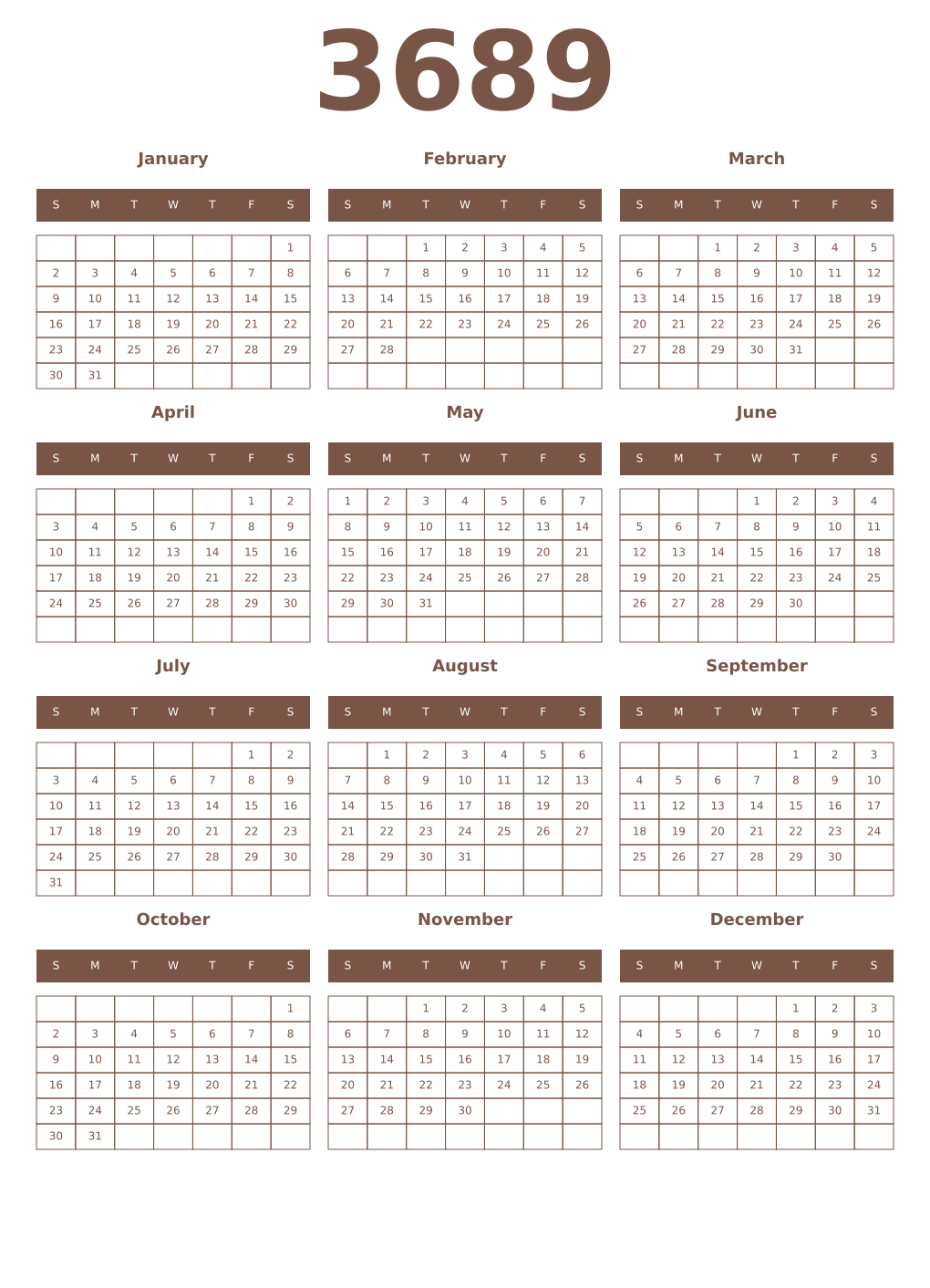 Printable 3689 Year Calendars coffe