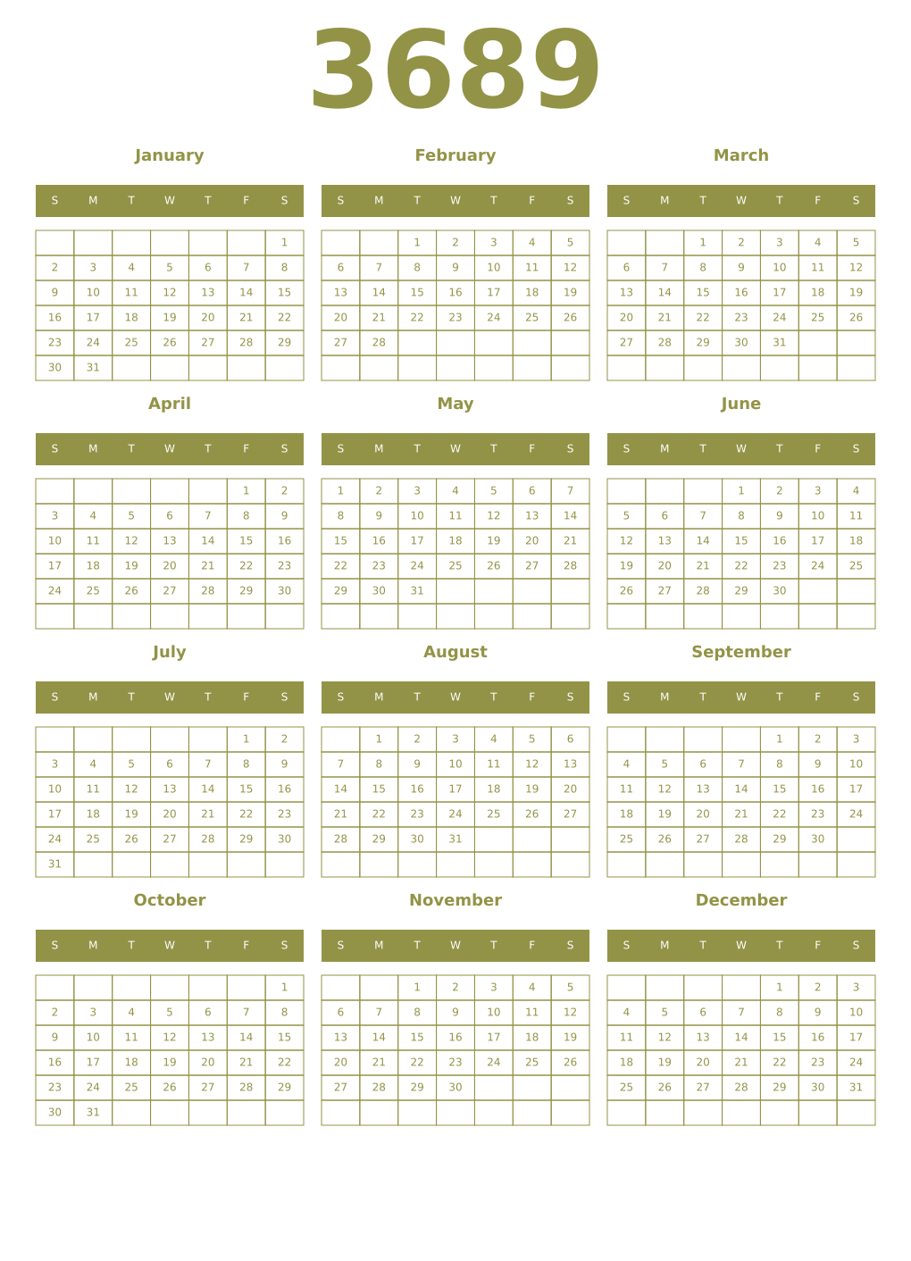 Printable 3689 Year Calendars eburnean