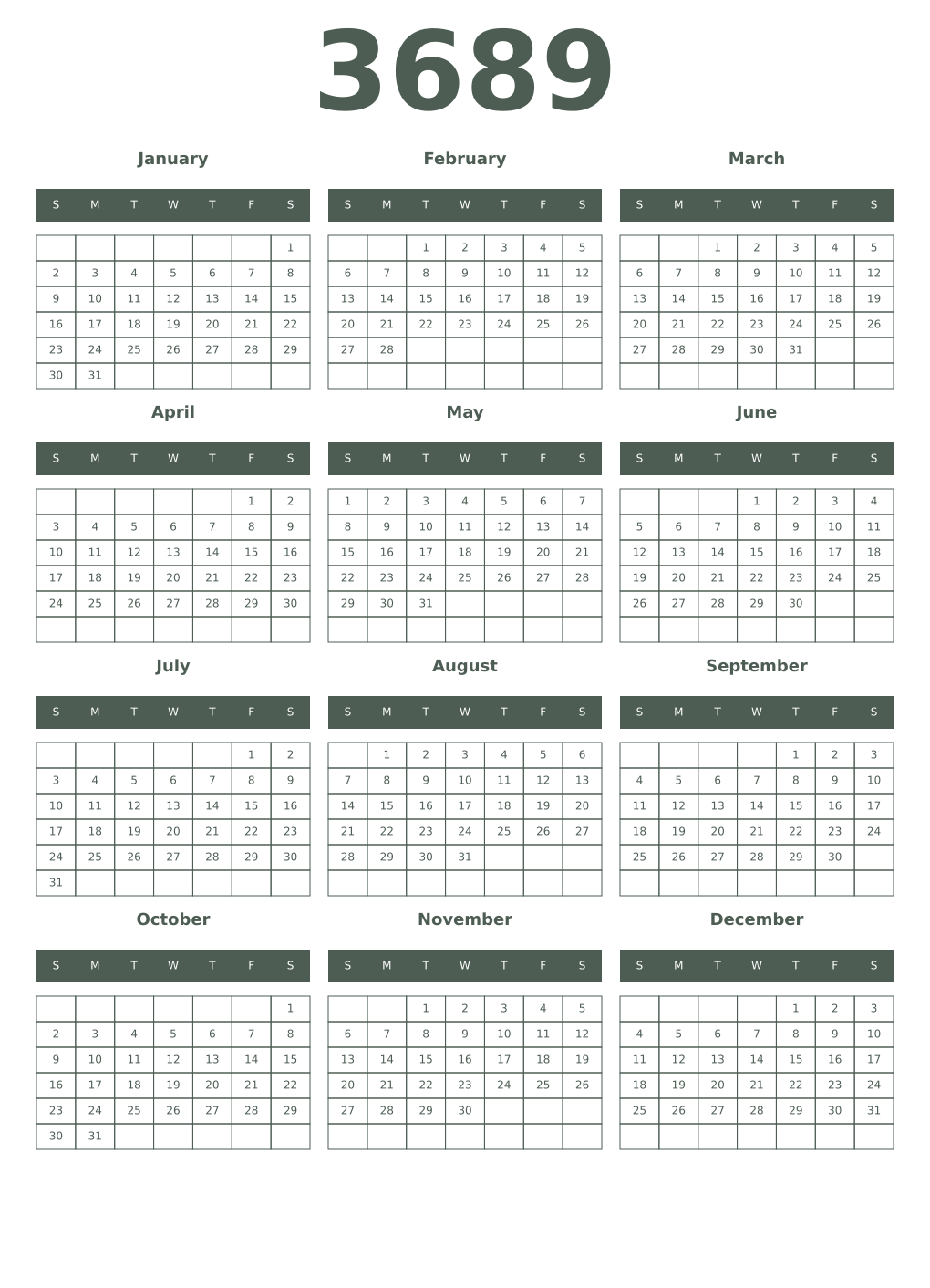 Printable 3689 Year Calendars feldgrau