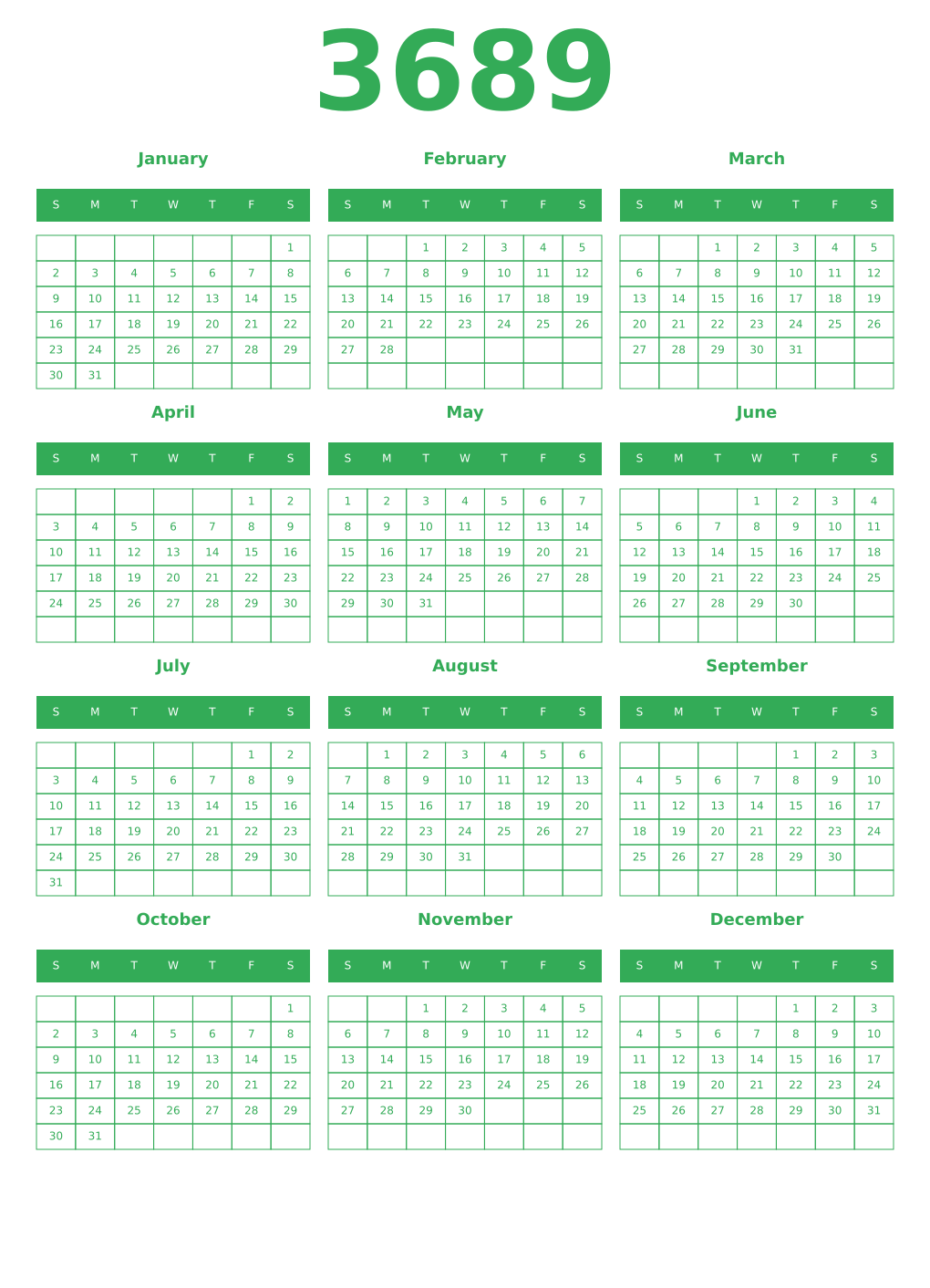 Printable 3689 Year Calendars green