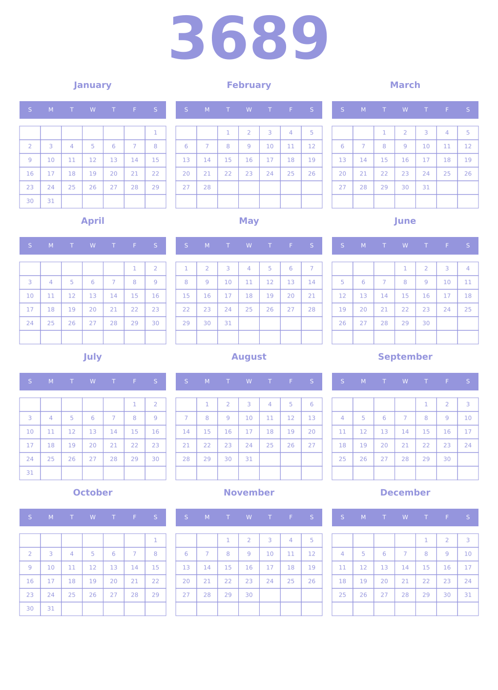 Printable 3689 Year Calendars periwinkle