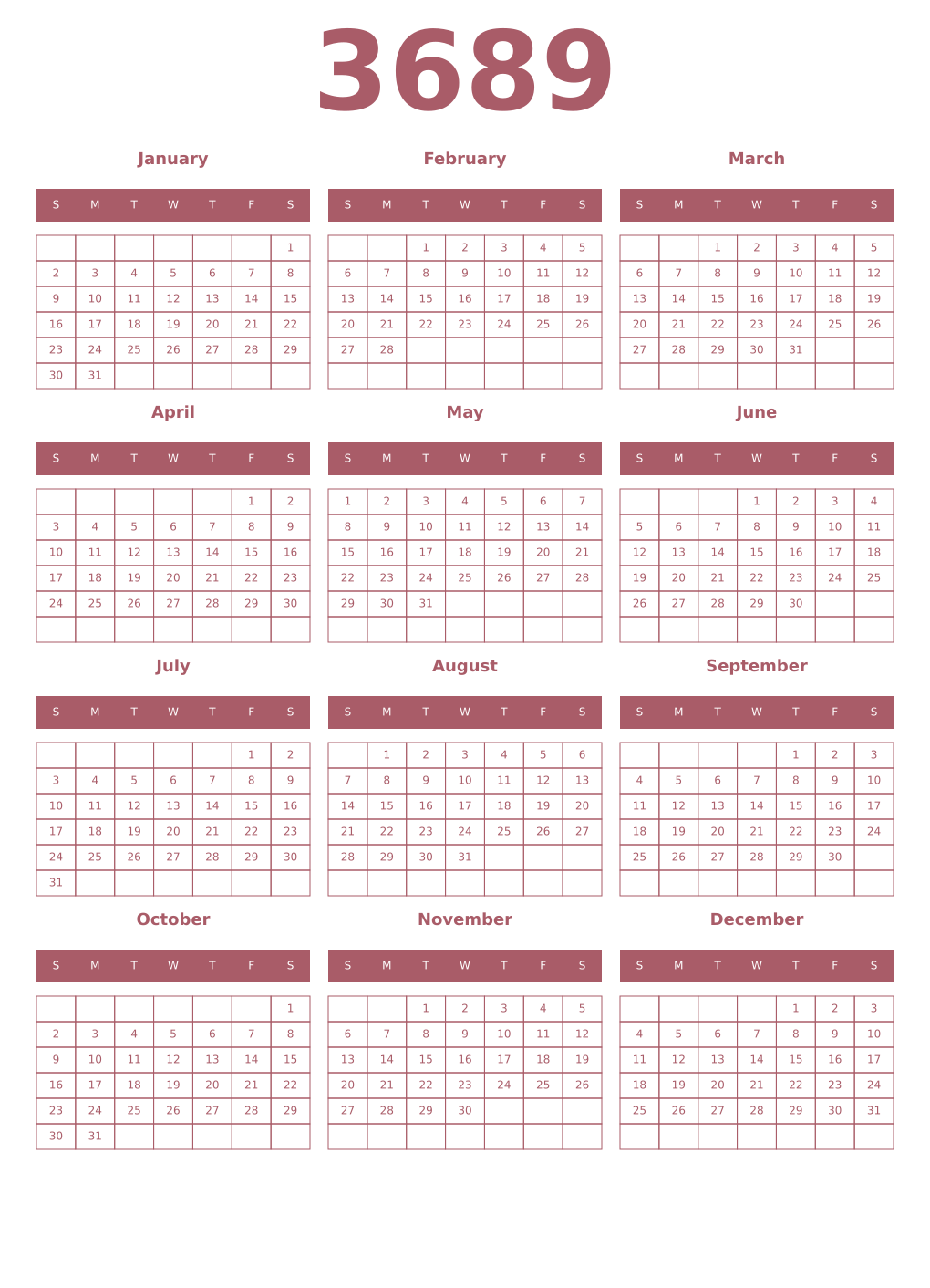 Printable 3689 Year Calendars puce