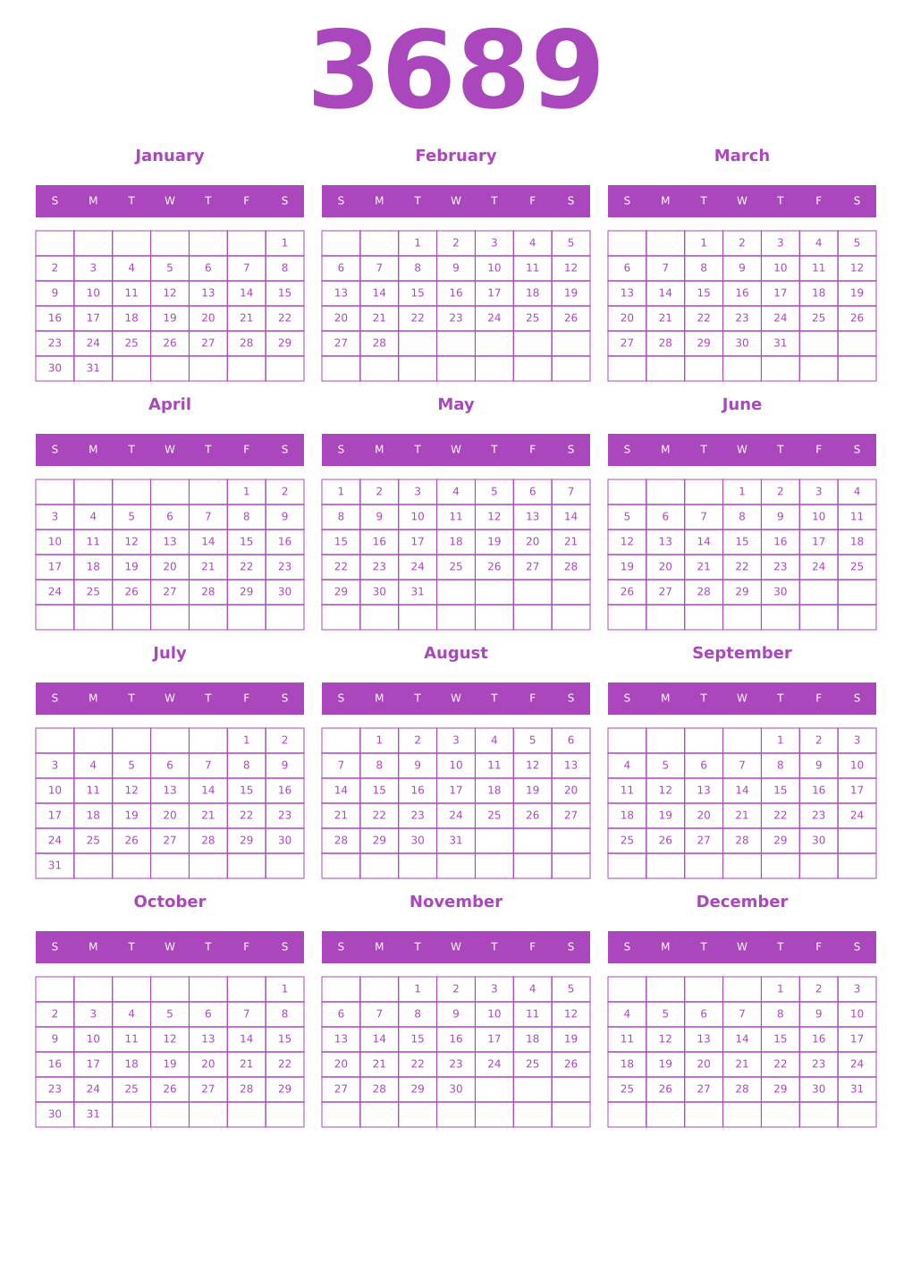 Printable 3689 Year Calendars purple