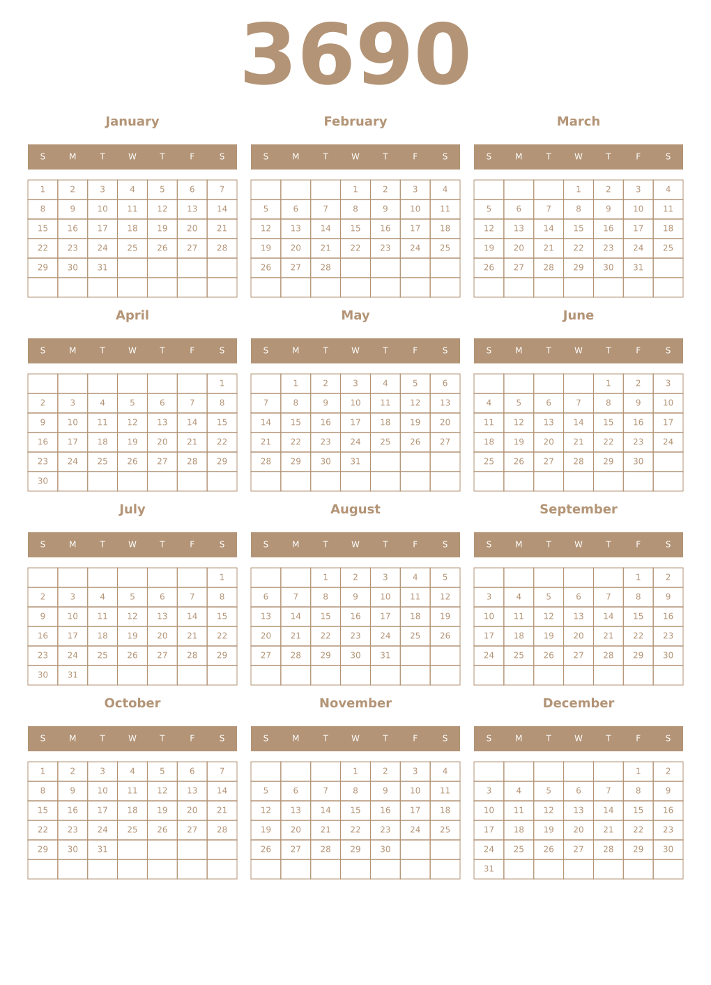 Printable 3690 Year Calendars isabelline