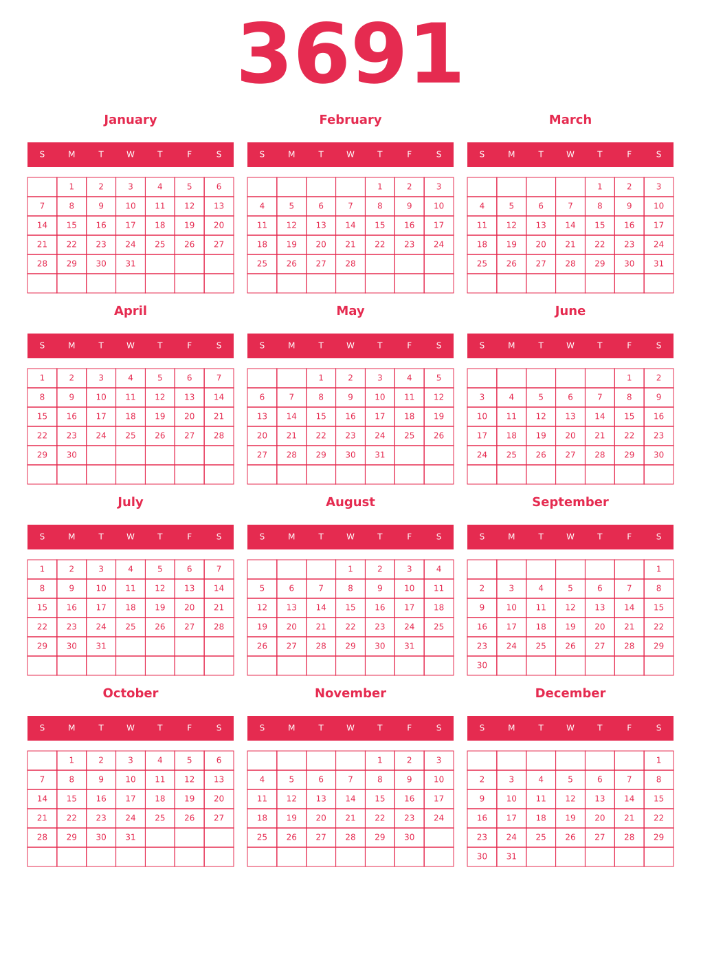 Printable 3691 Year Calendars amaranth