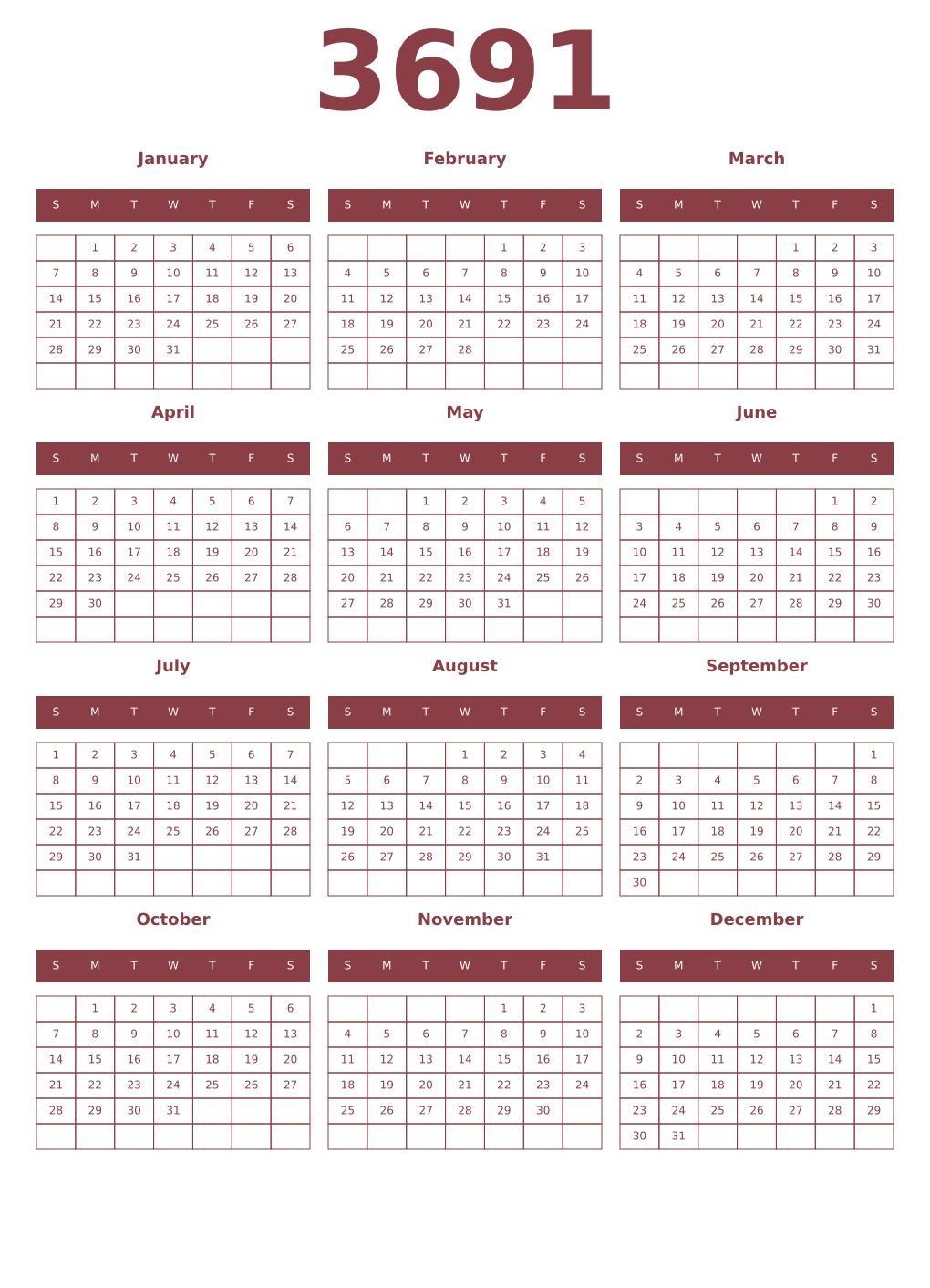 Printable 3691 Year Calendars cordovan
