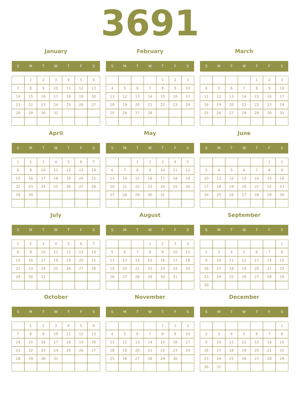Printable 3691 Year Calendars eburnean