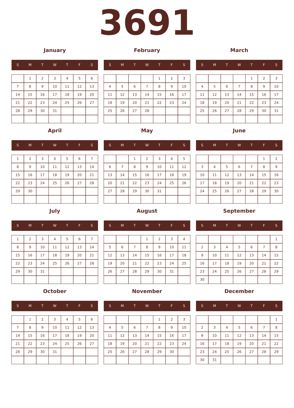 Printable 3691 Year Calendars mortuum