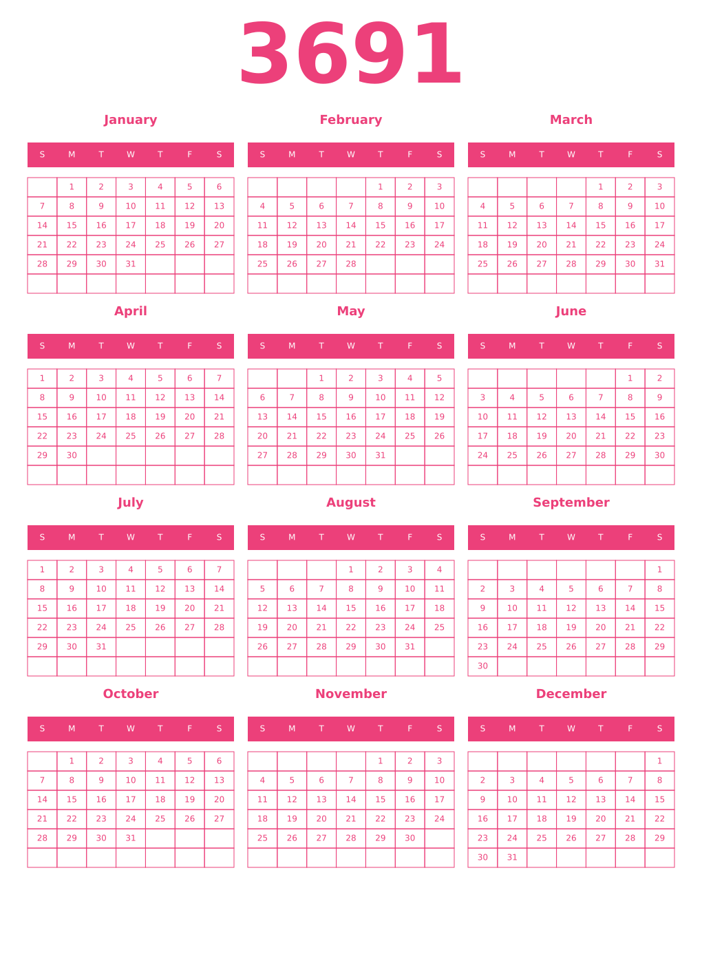 Printable 3691 Year Calendars pink