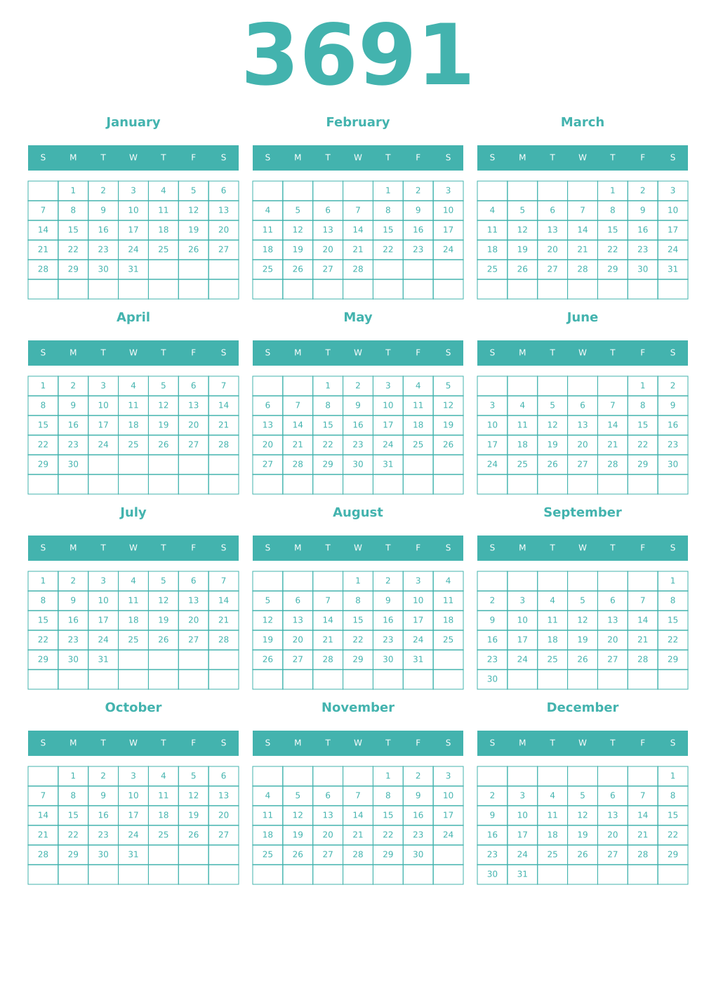 Printable 3691 Year Calendars verdigris