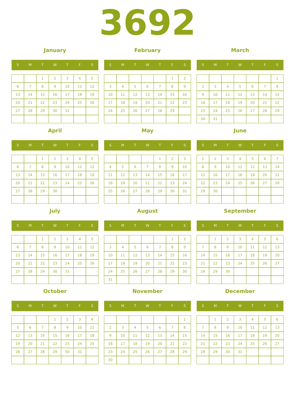 Printable 3692 Year Calendars chartreuse