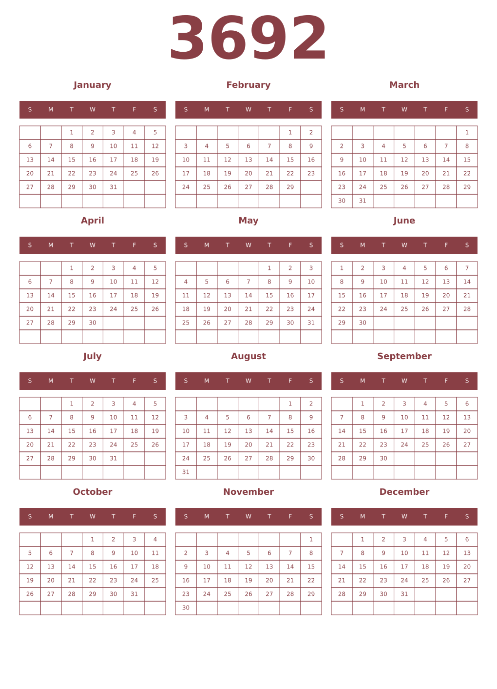 Printable 3692 Year Calendars cordovan