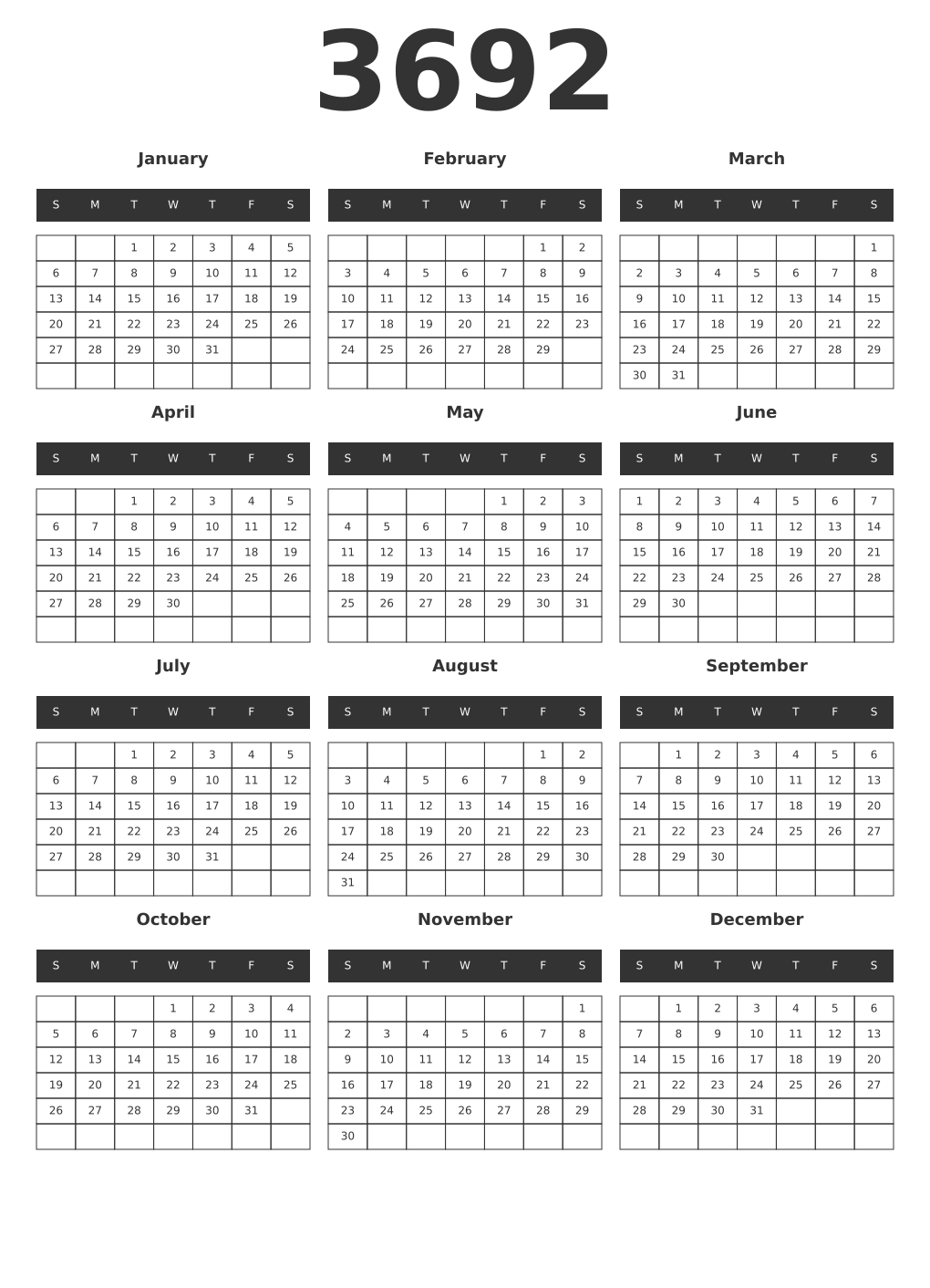 Printable 3692 Year Calendars dark