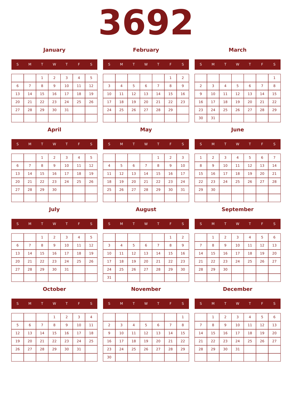 Printable 3692 Year Calendars falu