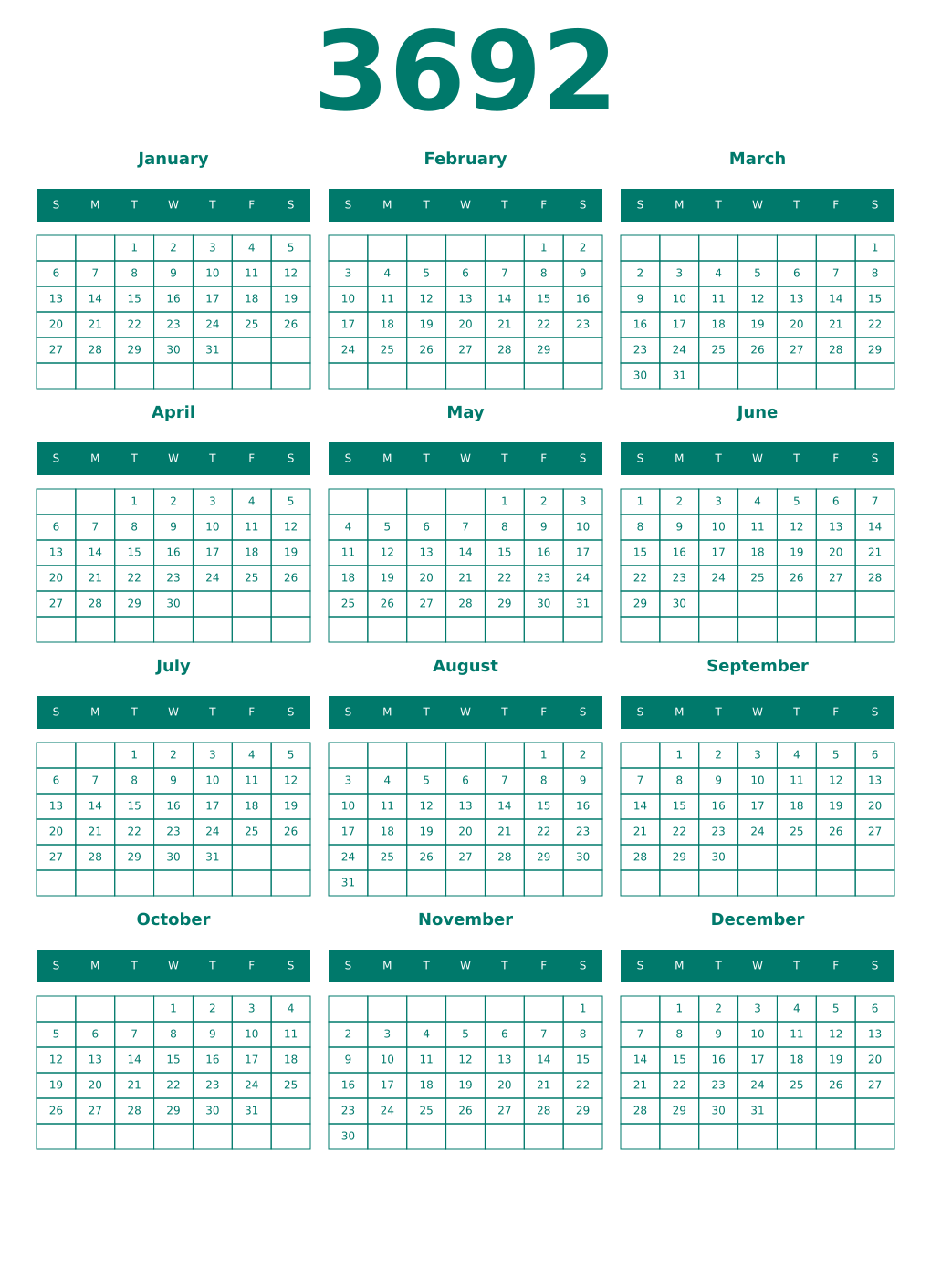 Printable 3692 Year Calendars pastel