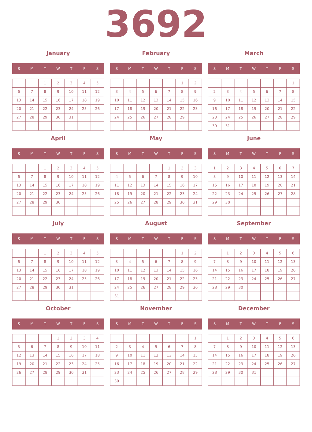 Printable 3692 Year Calendars puce