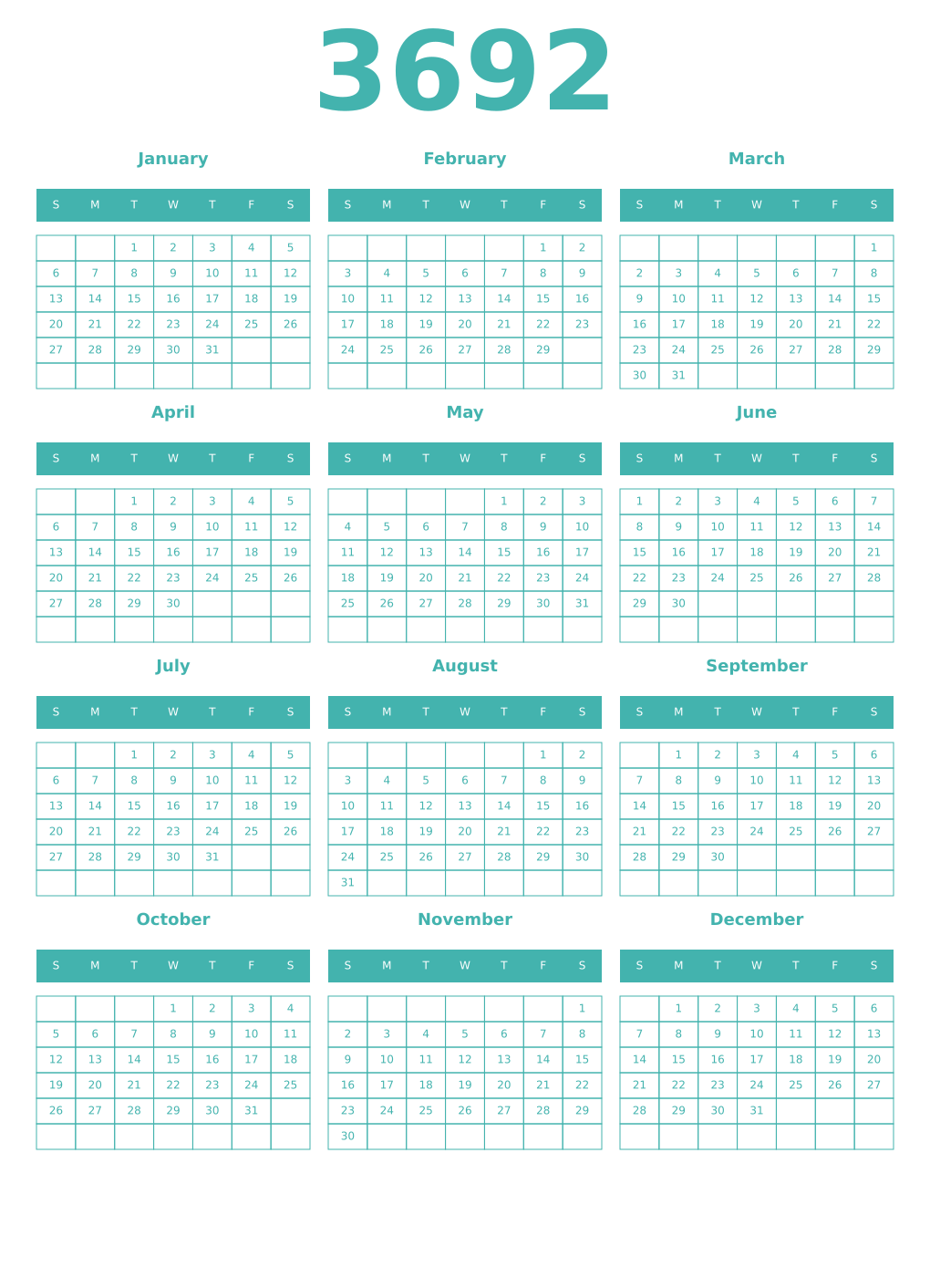 Printable 3692 Year Calendars verdigris