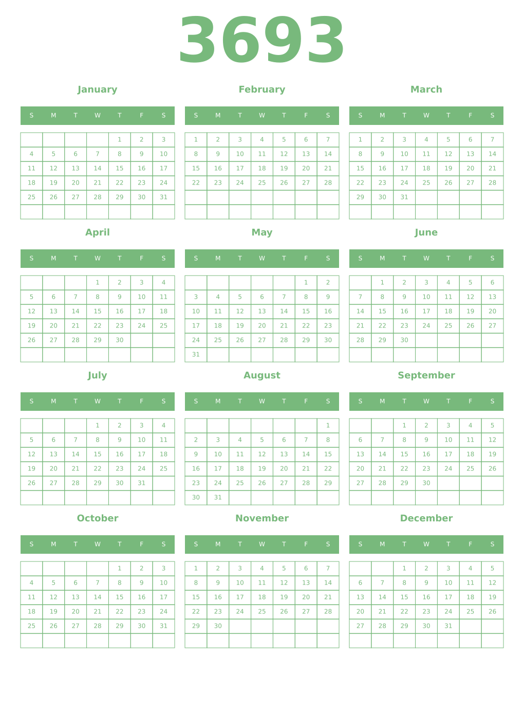 Printable 3693 Year Calendars celadon