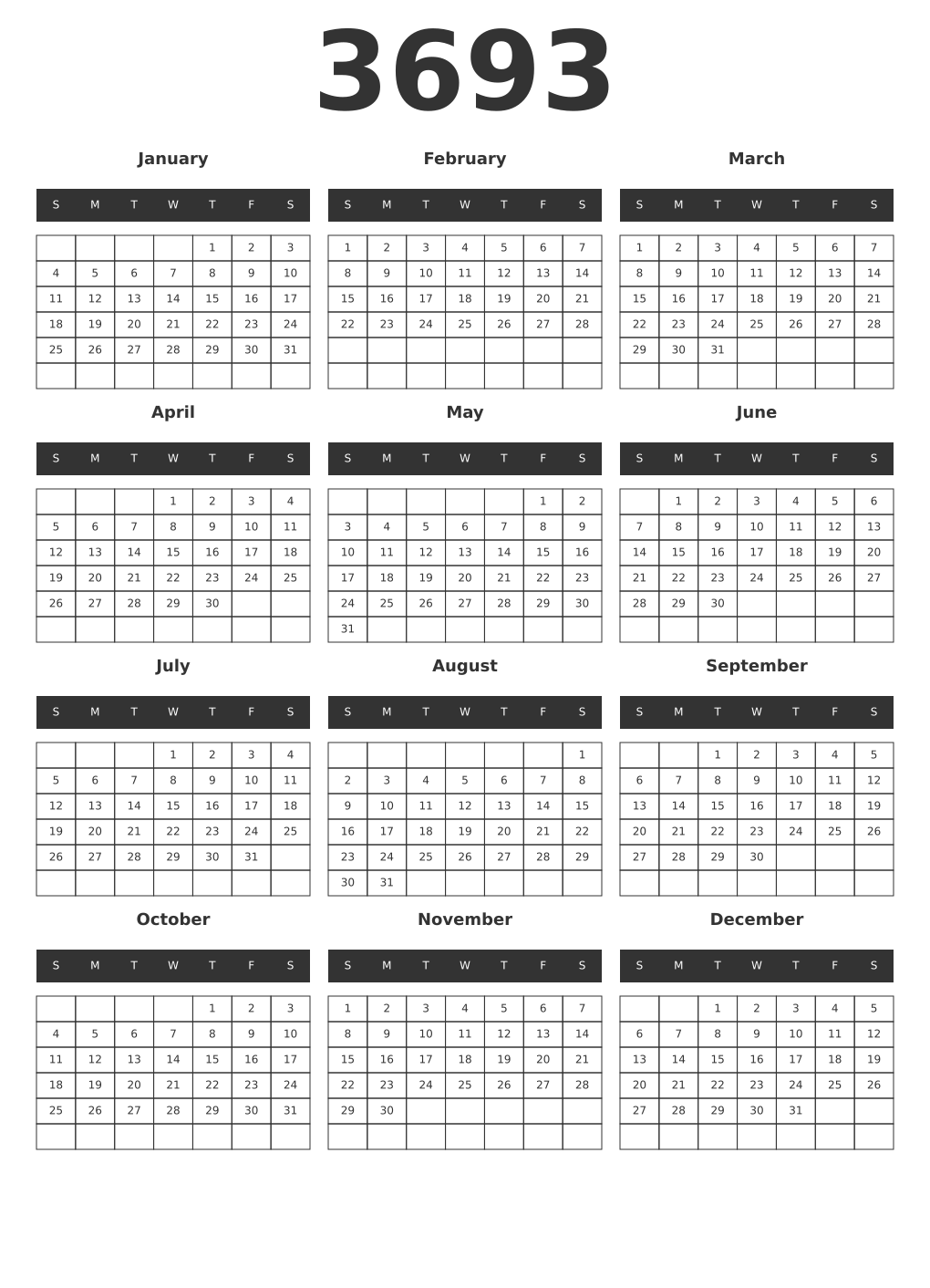 Printable 3693 Year Calendars dark