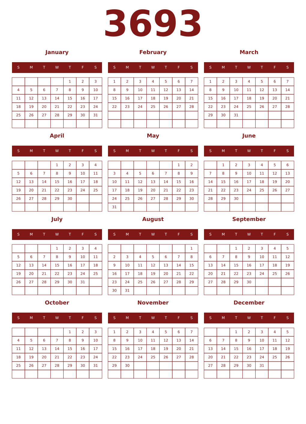 Printable 3693 Year Calendars falu