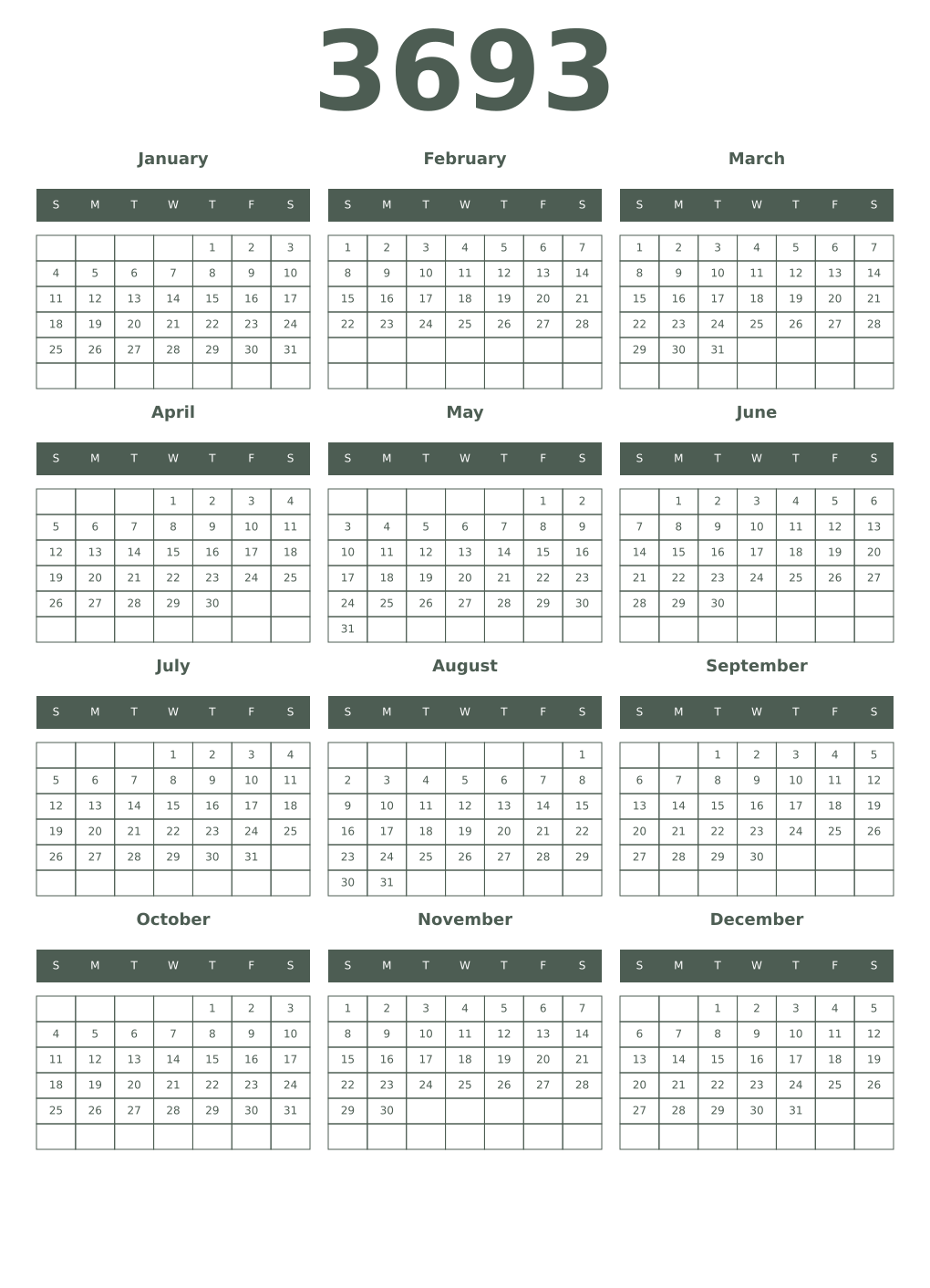 Printable 3693 Year Calendars feldgrau