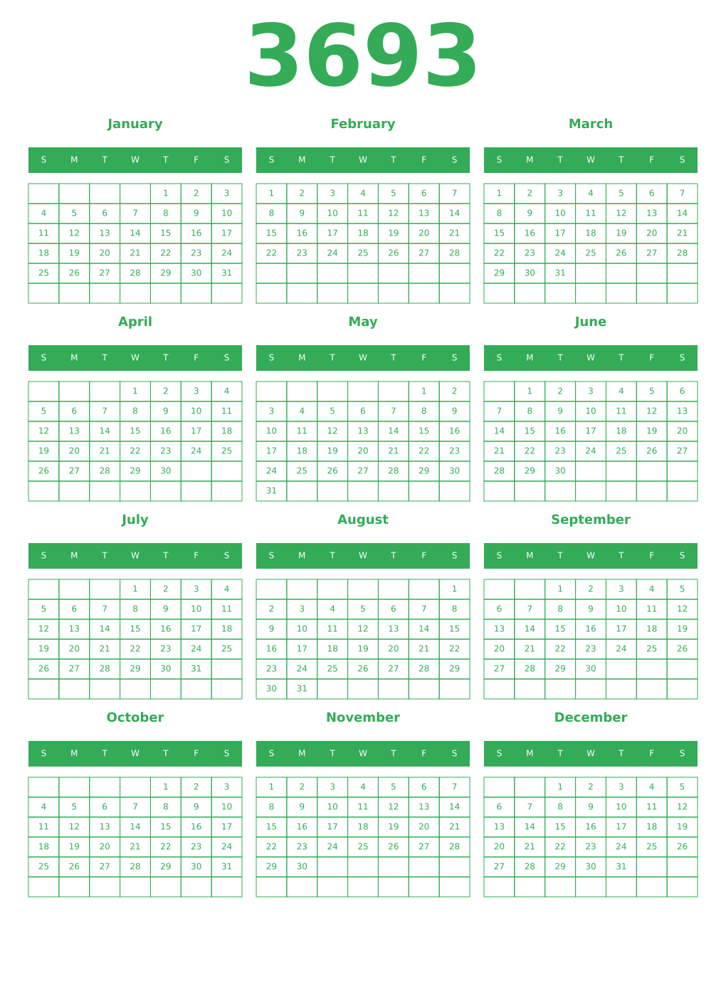 Printable 3693 Year Calendars green