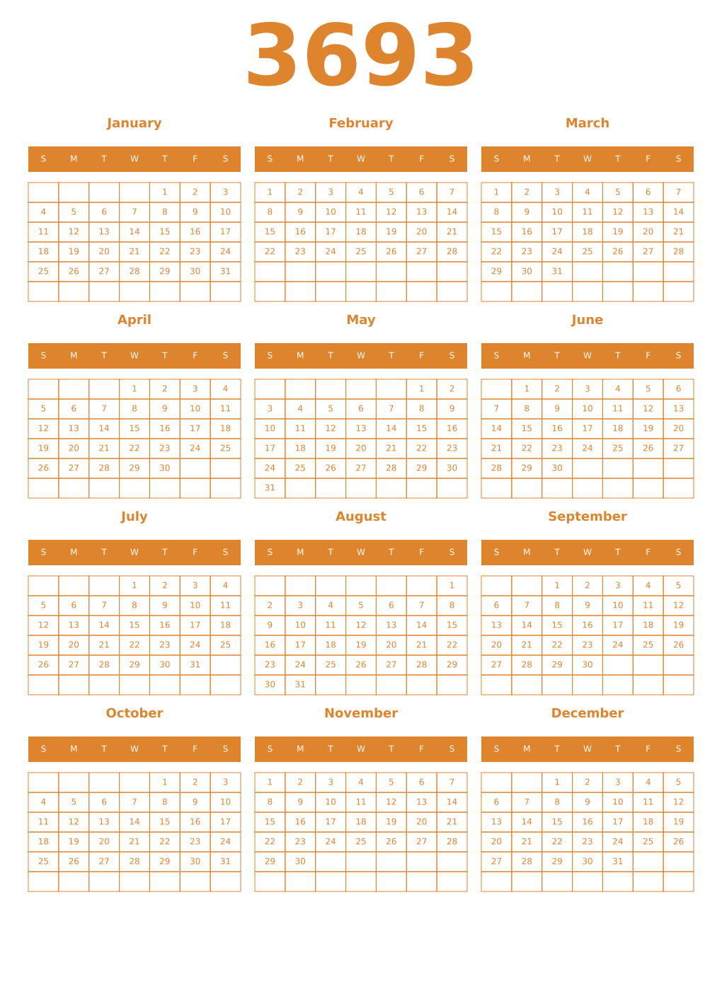 Printable 3693 Year Calendars orange