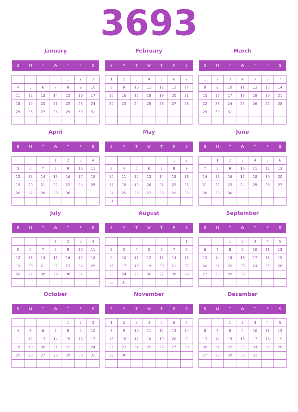 Printable 3693 Year Calendars purple