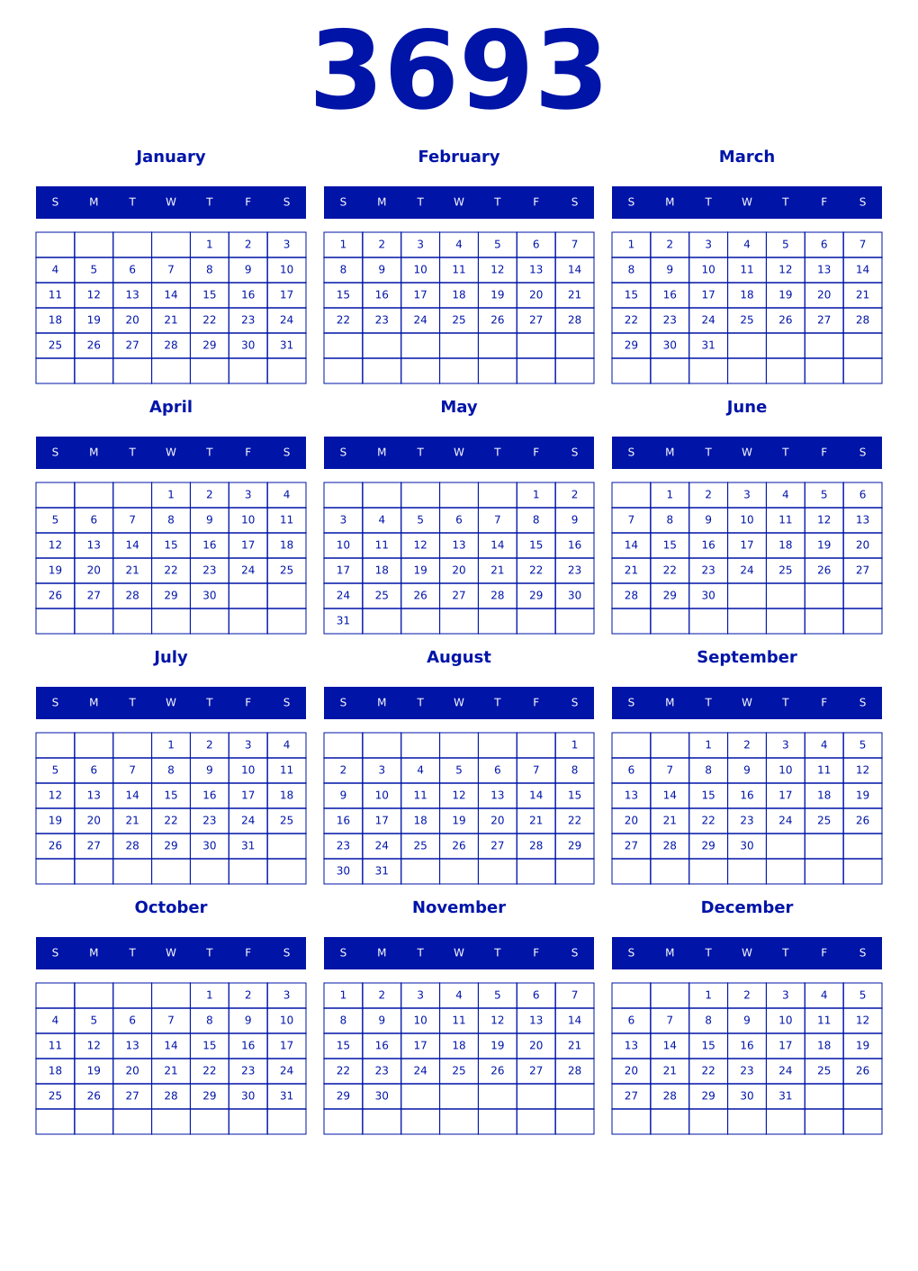 Printable 3693 Year Calendars zaffre