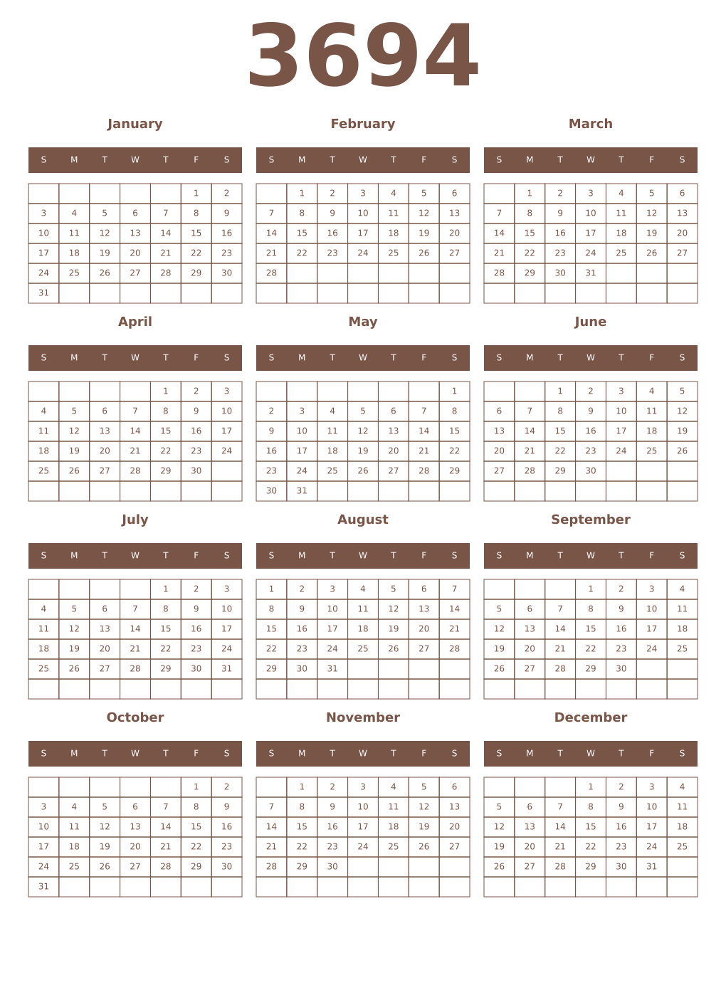 Printable 3694 Year Calendars coffe