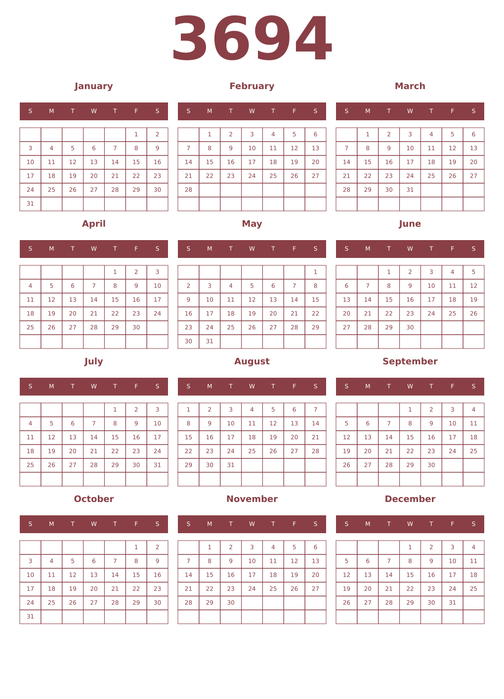 Printable 3694 Year Calendars cordovan
