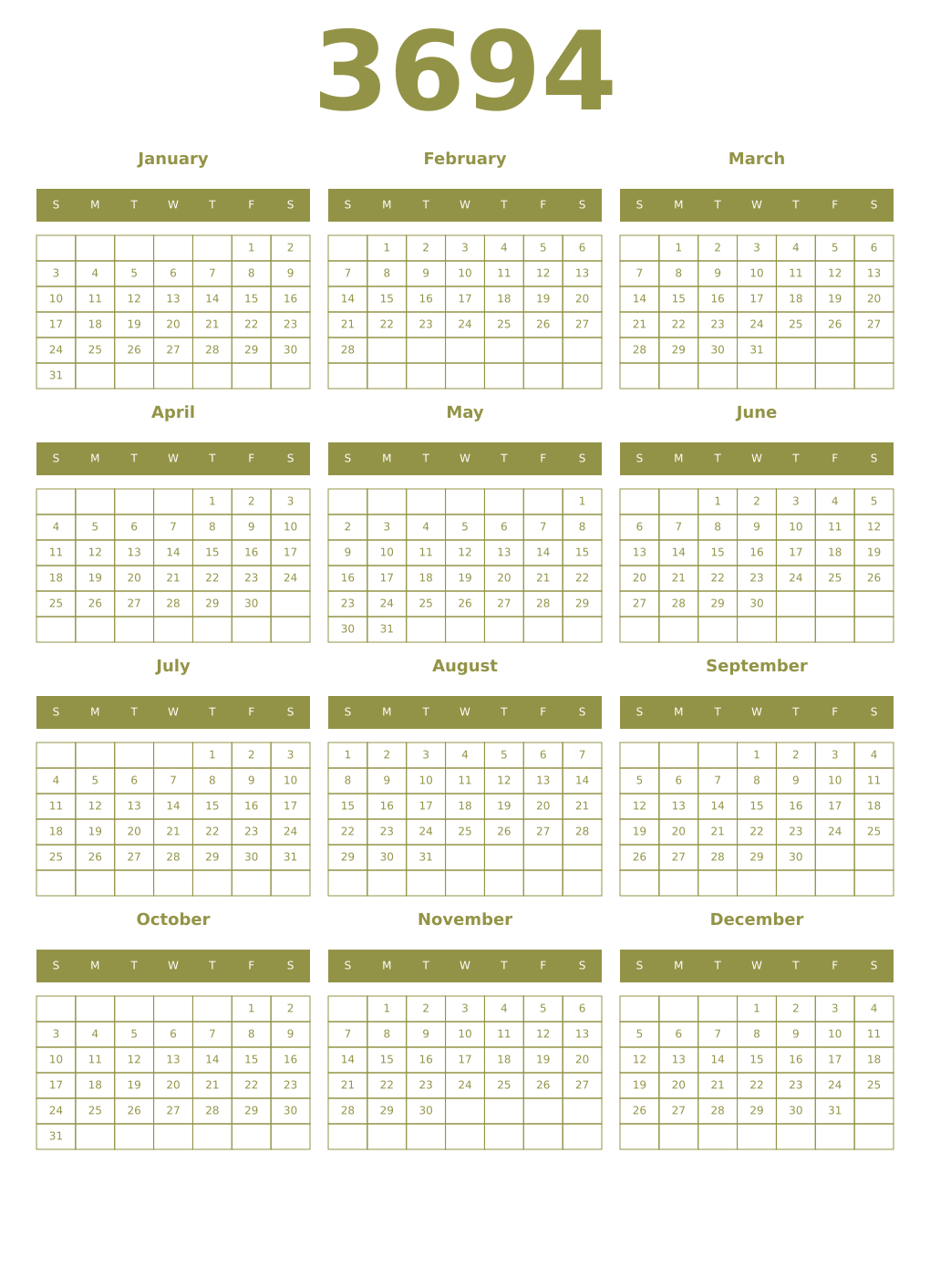 Printable 3694 Year Calendars eburnean