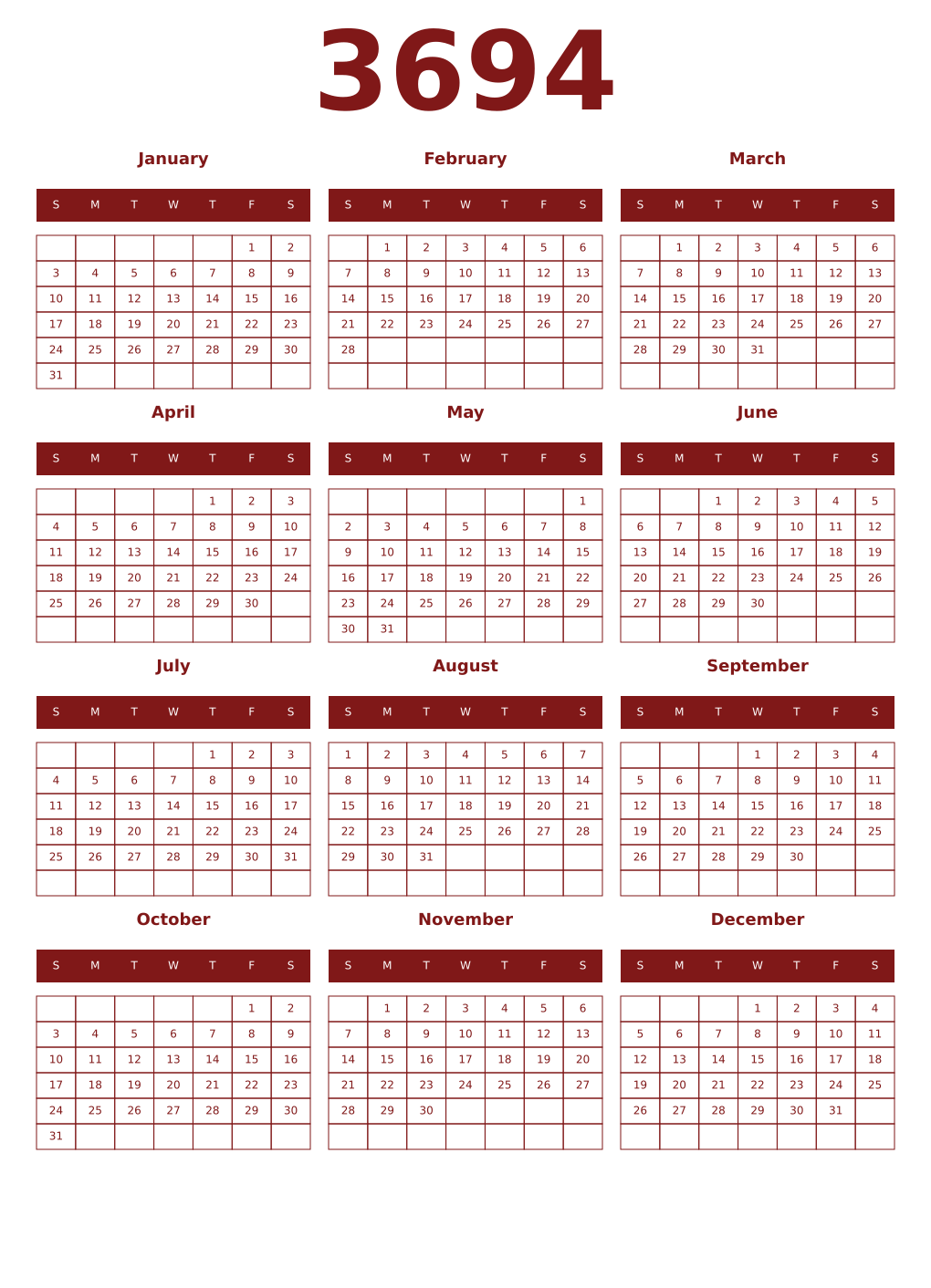 Printable 3694 Year Calendars falu