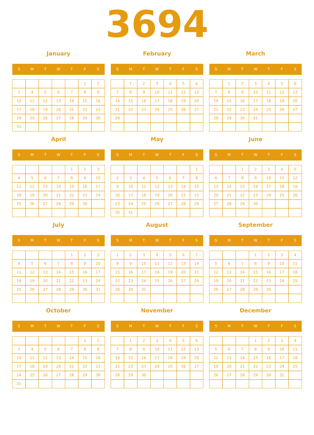 Printable 3694 Year Calendars gamboge