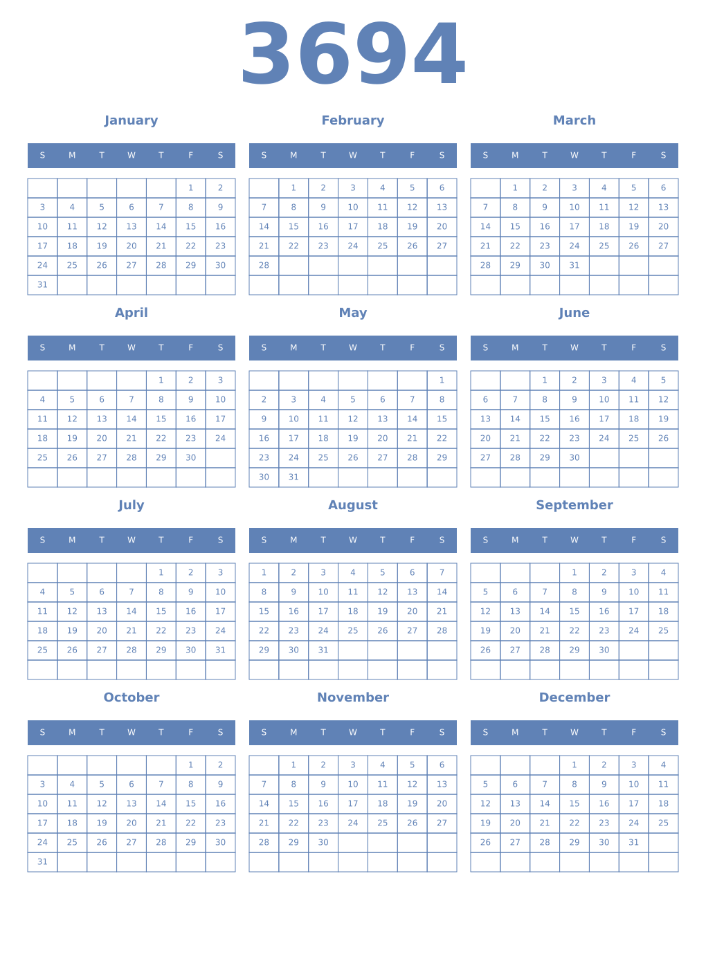 Printable 3694 Year Calendars glaucous