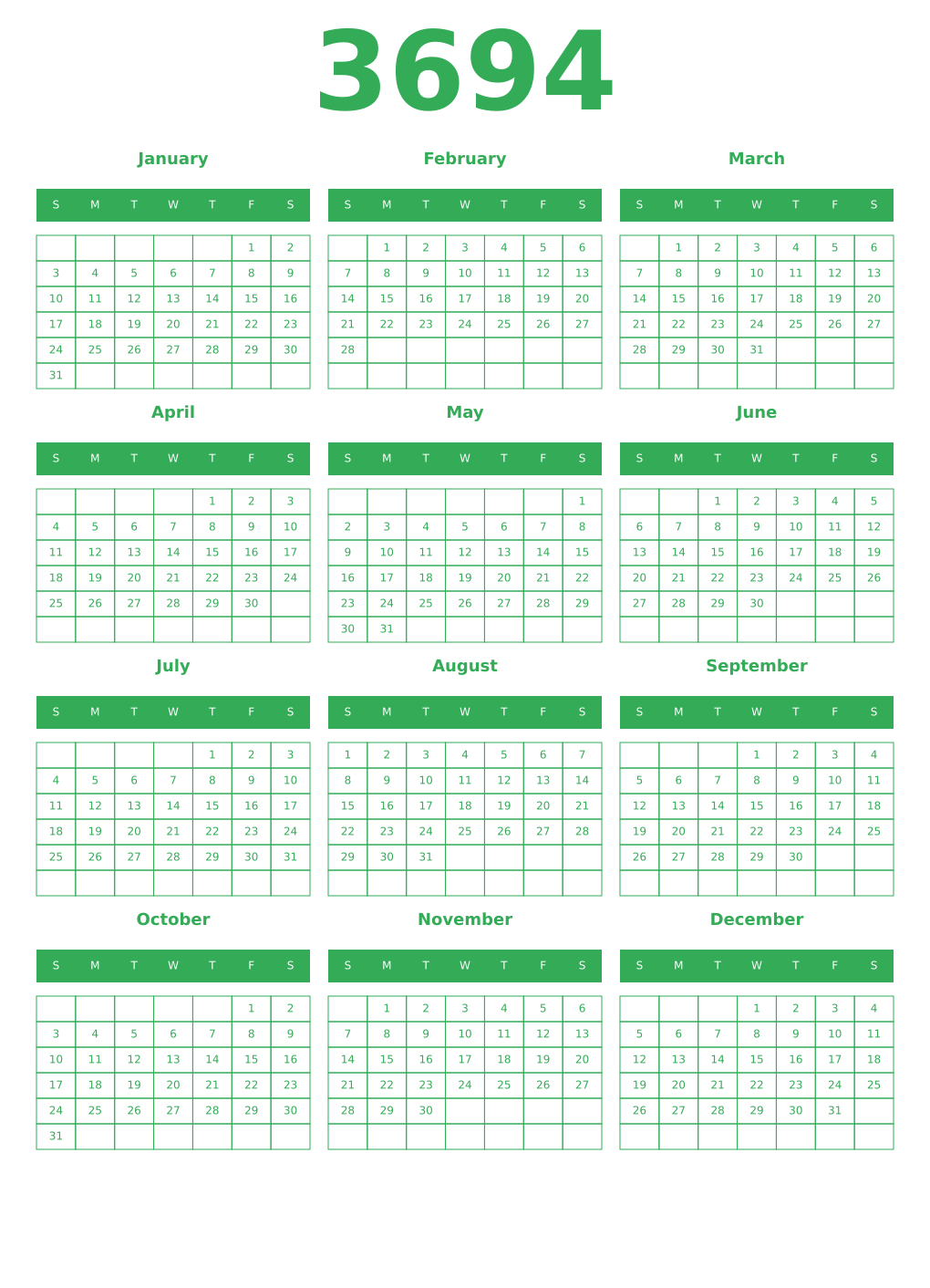 Printable 3694 Year Calendars green