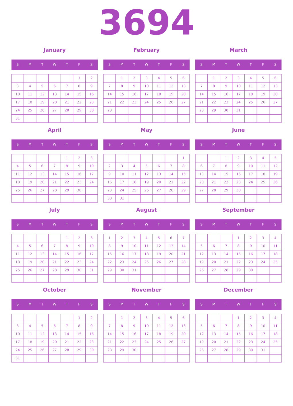 Printable 3694 Year Calendars purple