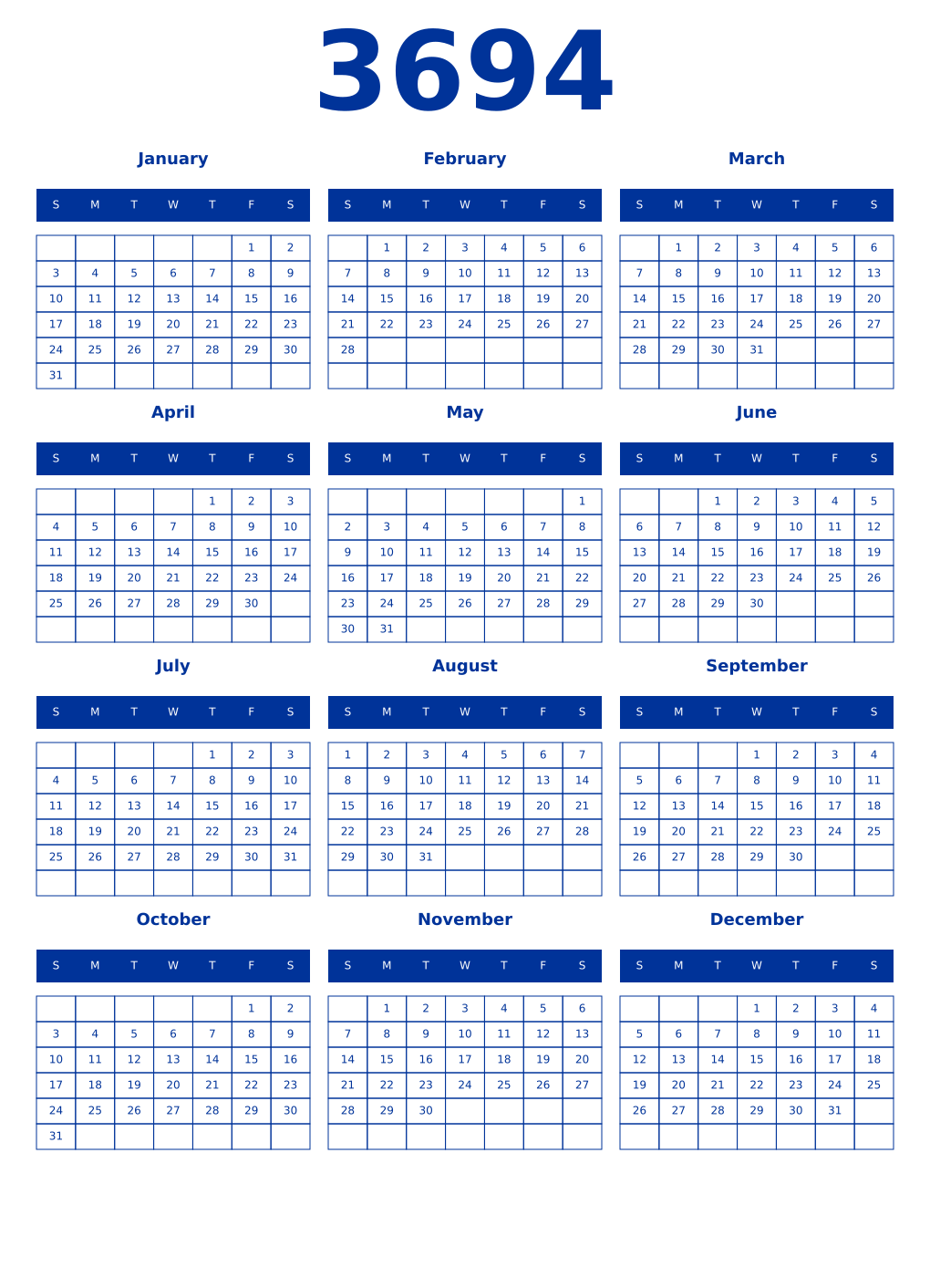 Printable 3694 Year Calendars smalt