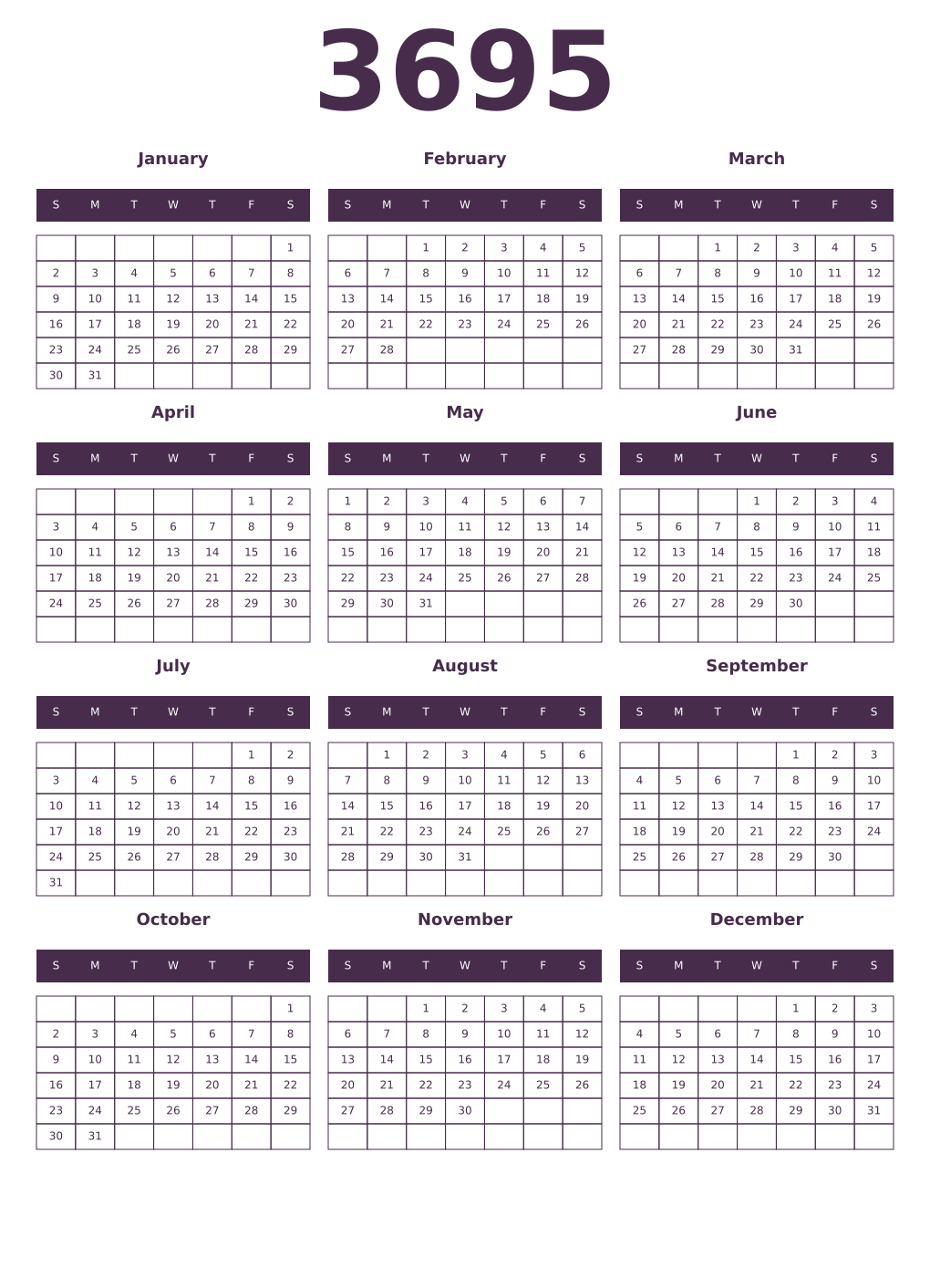 Printable 3695 Year Calendars aubergine