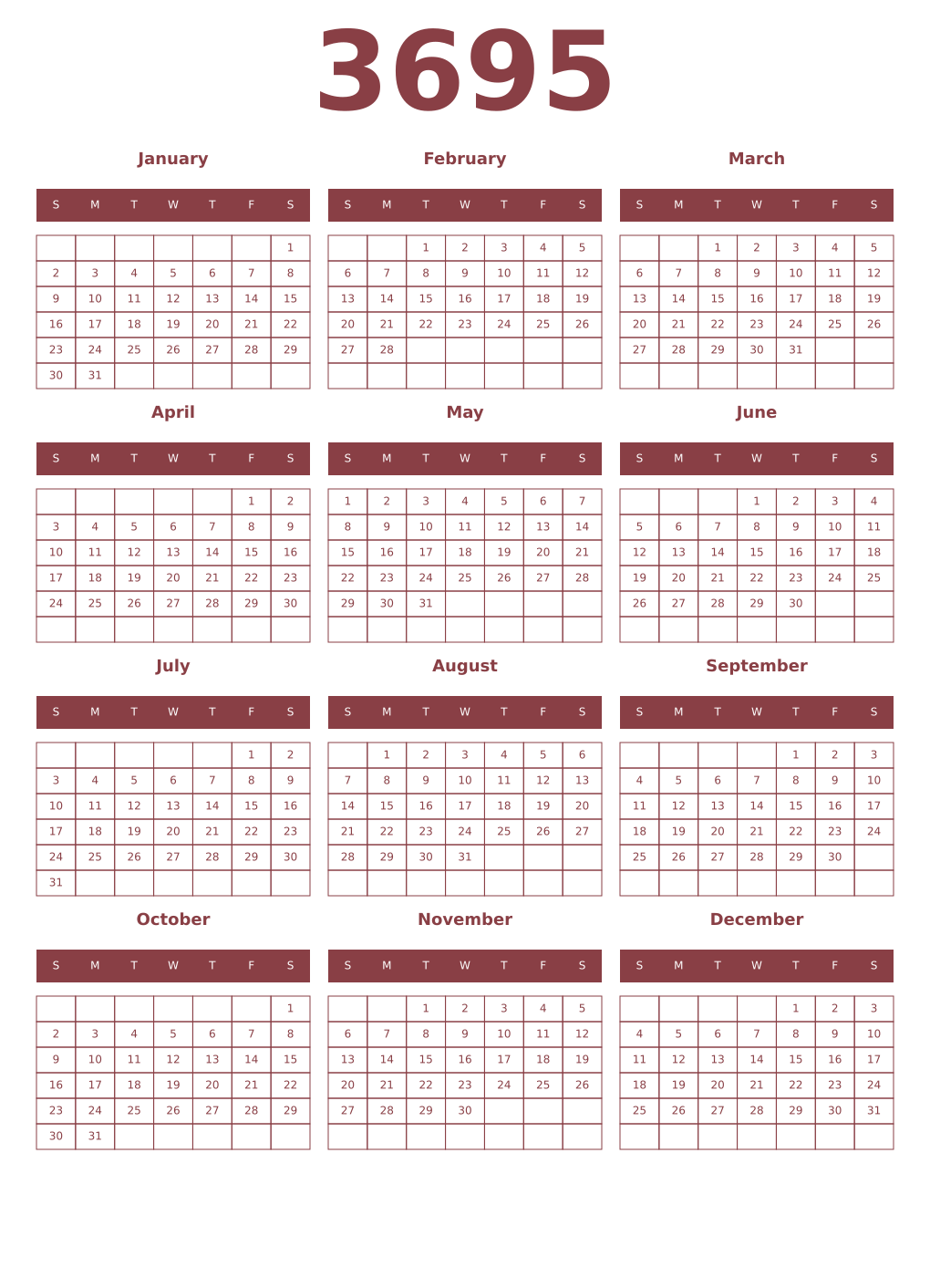 Printable 3695 Year Calendars cordovan