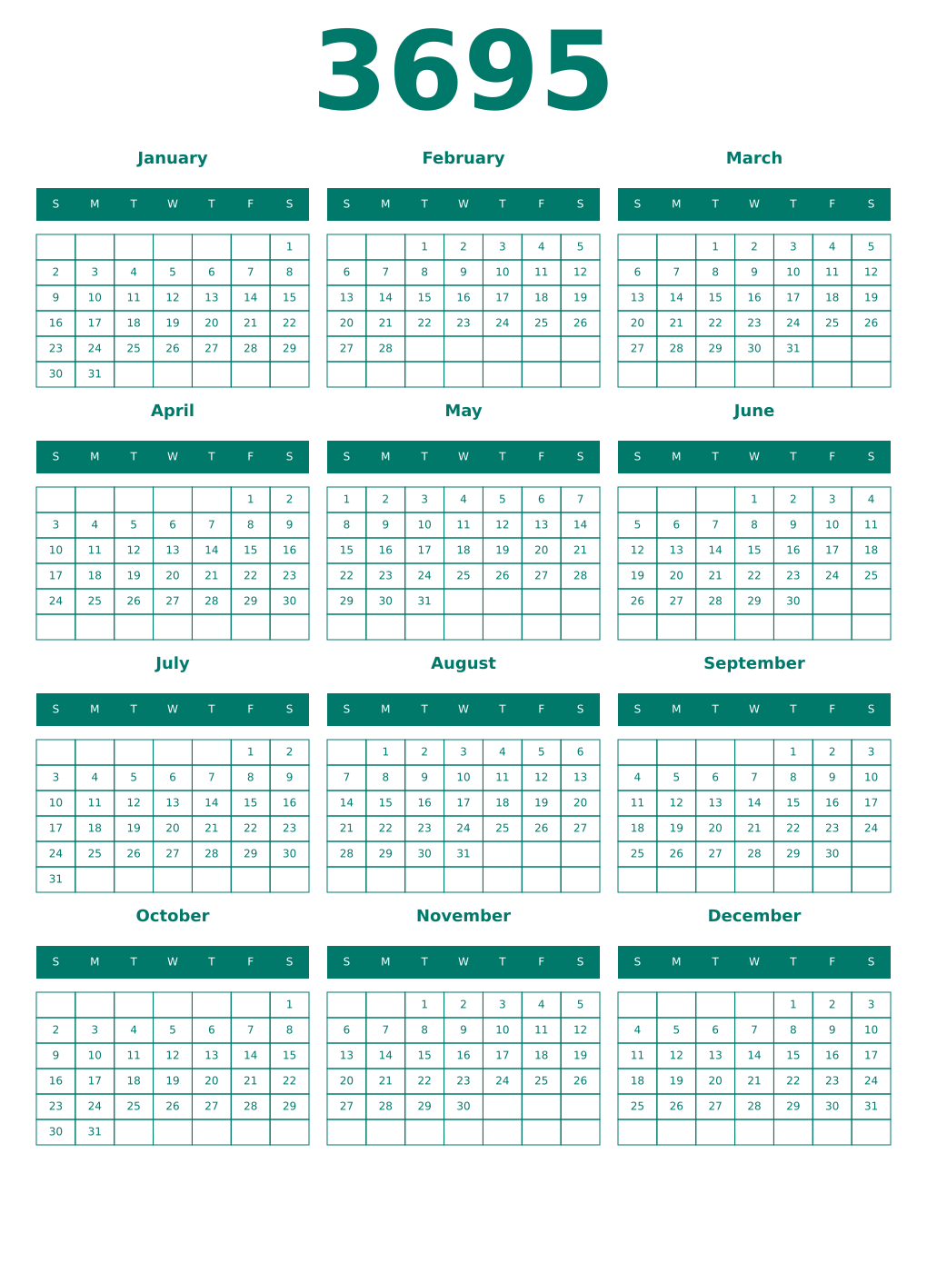 Printable 3695 Year Calendars pastel