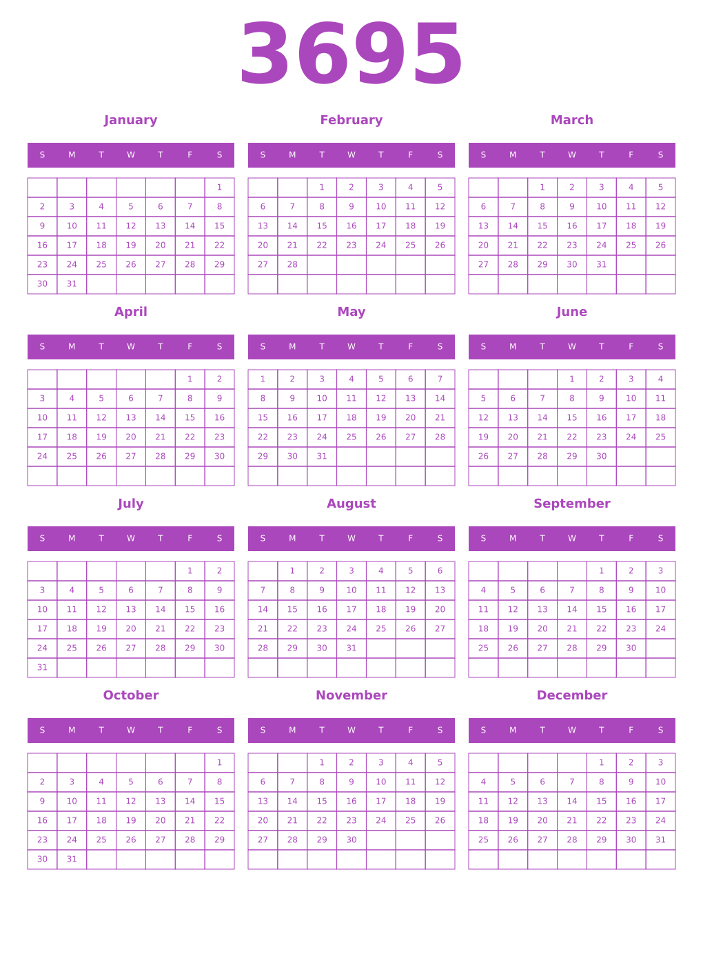 Printable 3695 Year Calendars purple