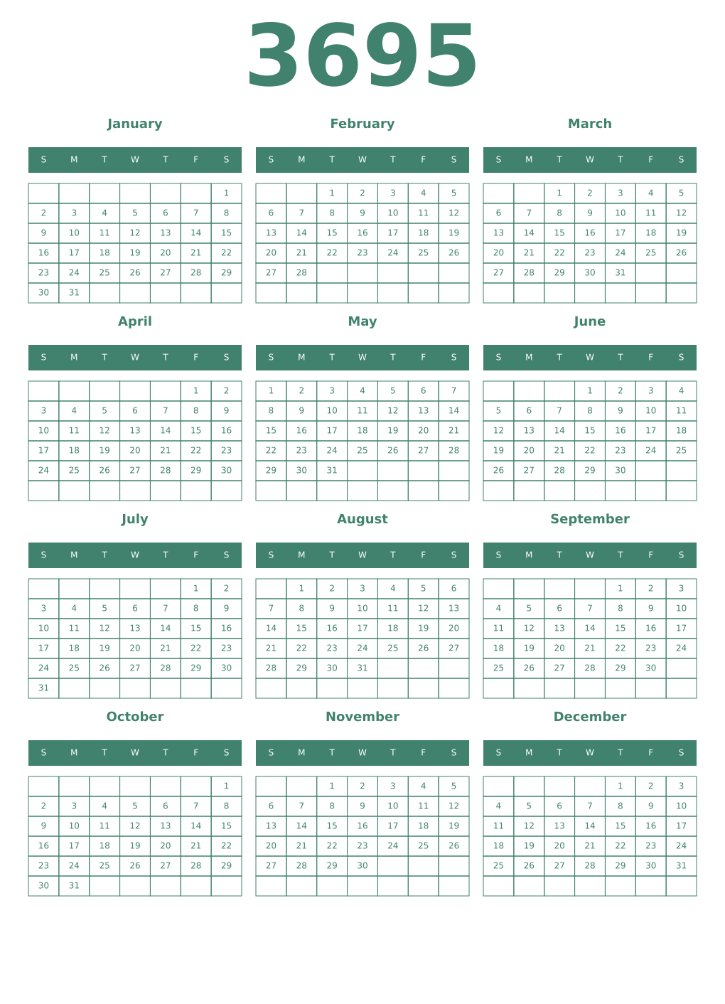 Printable 3695 Year Calendars viridian